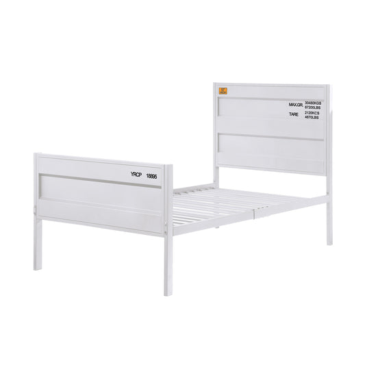 Modern white metal bed frame with slatted base and industrial design