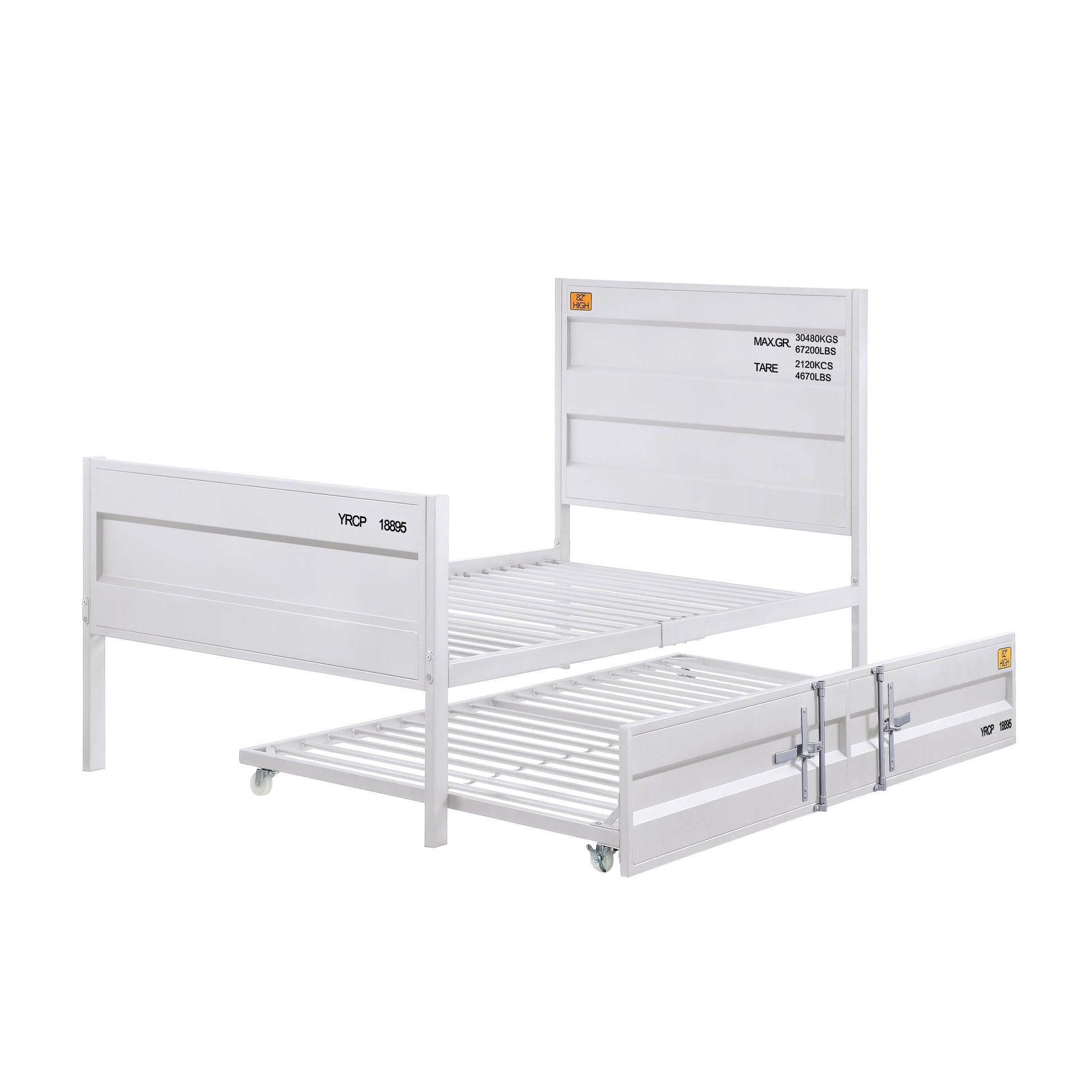 White metal twin bed frame with pullout trundle industrial container design