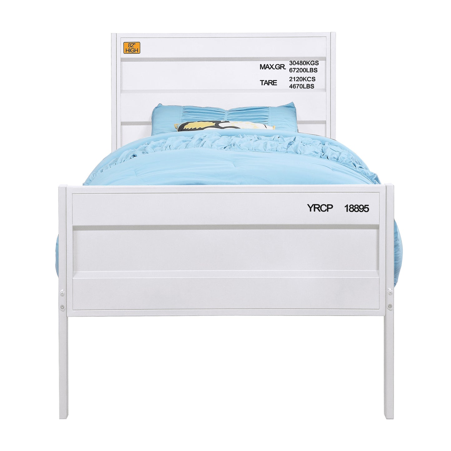 White metal twin bed frame with shipping container design accents and blue bedding