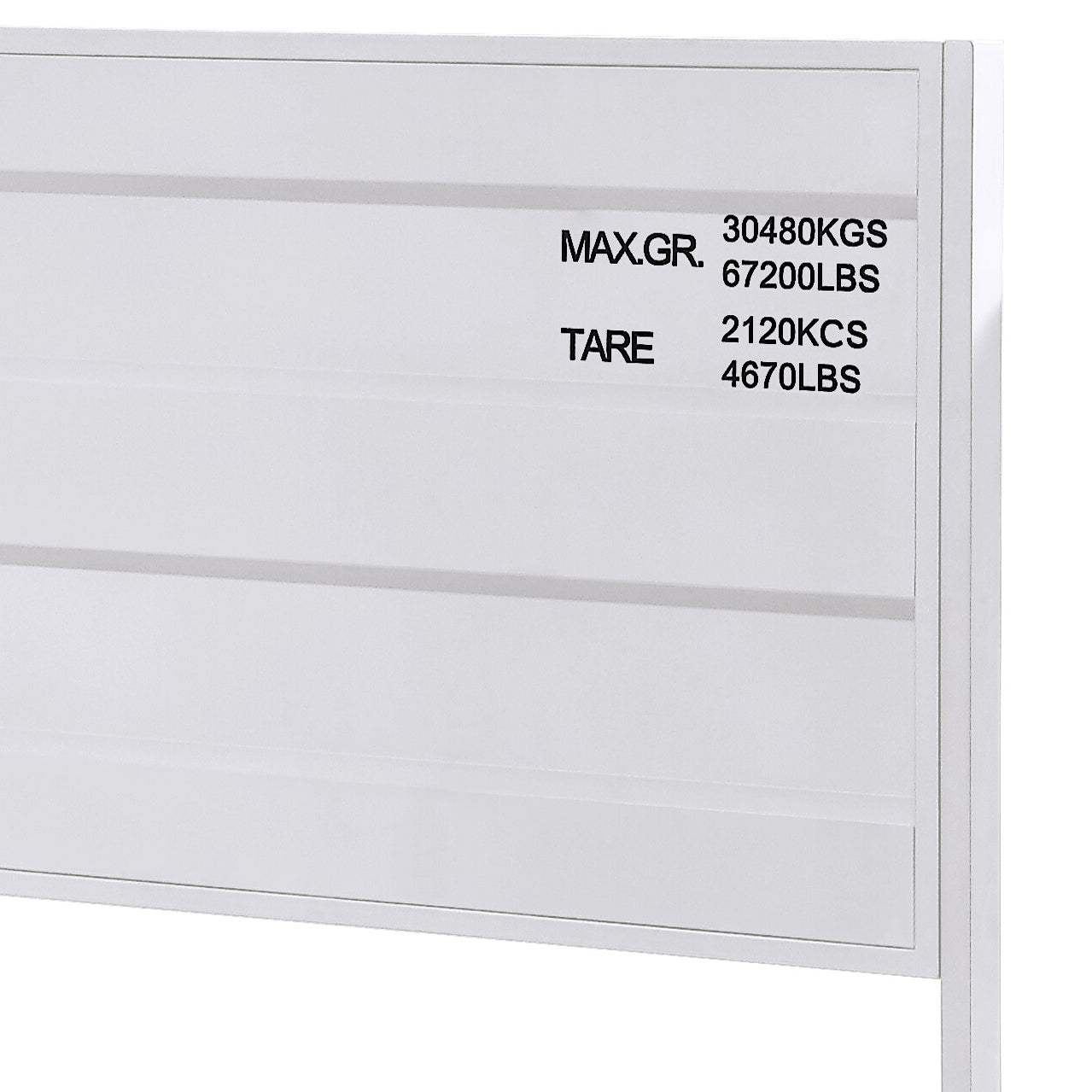 White metal shipping container with MAX GR  KGS and TARE  KCS markings