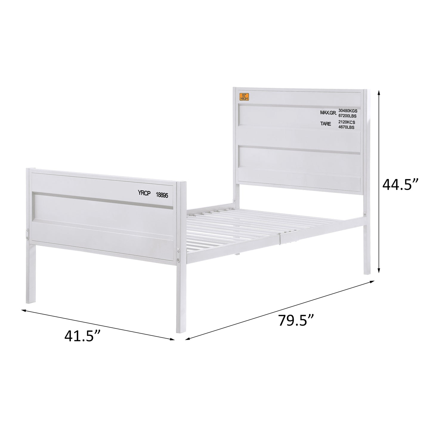 White metal twin bed frame with industrial shipping container design  L x  W