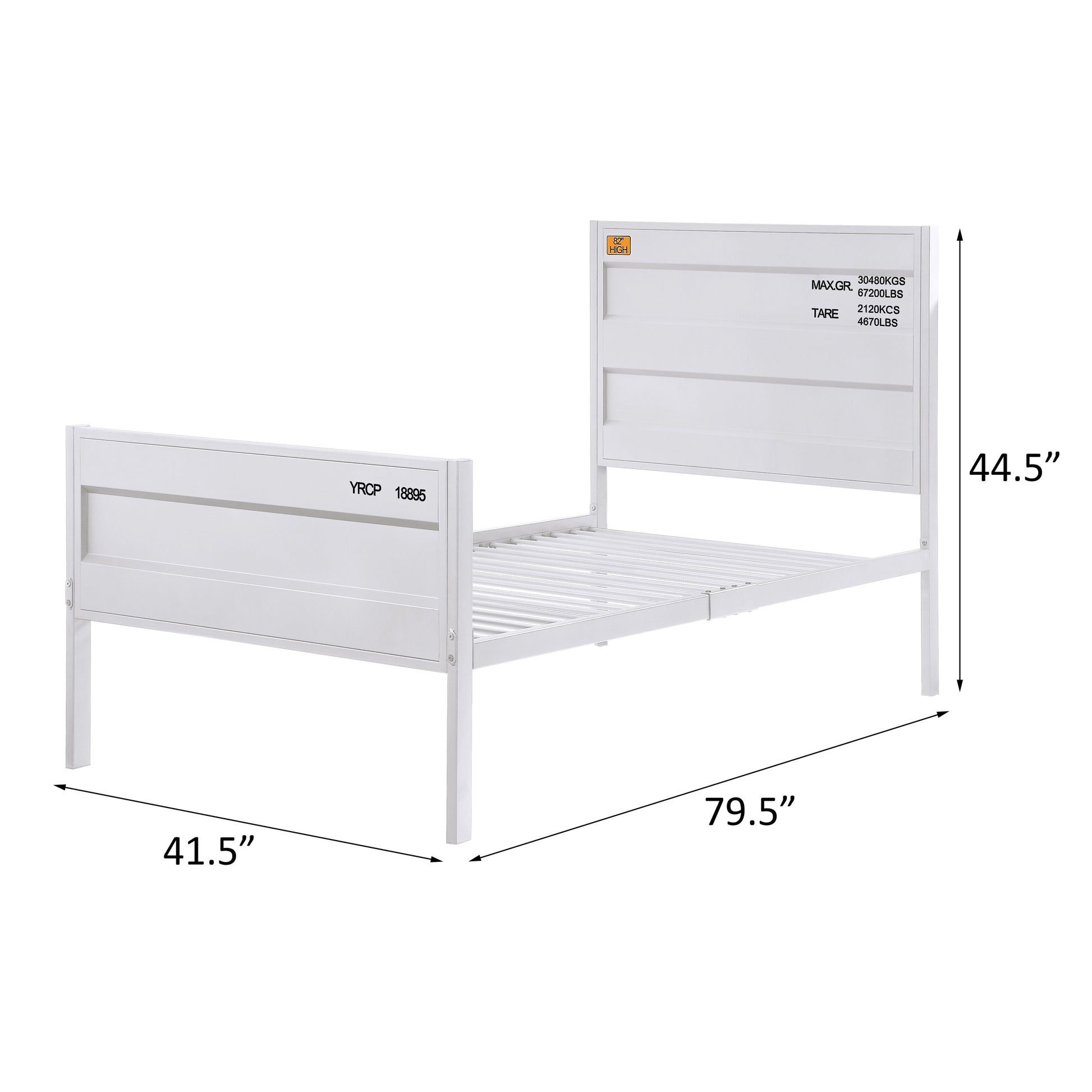 White metal twin bed frame with industrial shipping container design  L x  W
