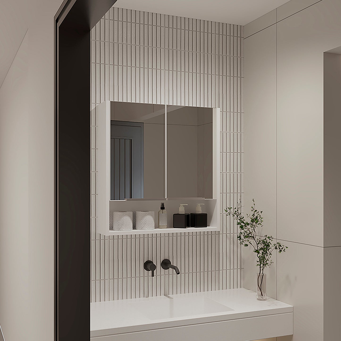 White modern medicine cabinet with mirrored doors and integrated shelf bathroom storage