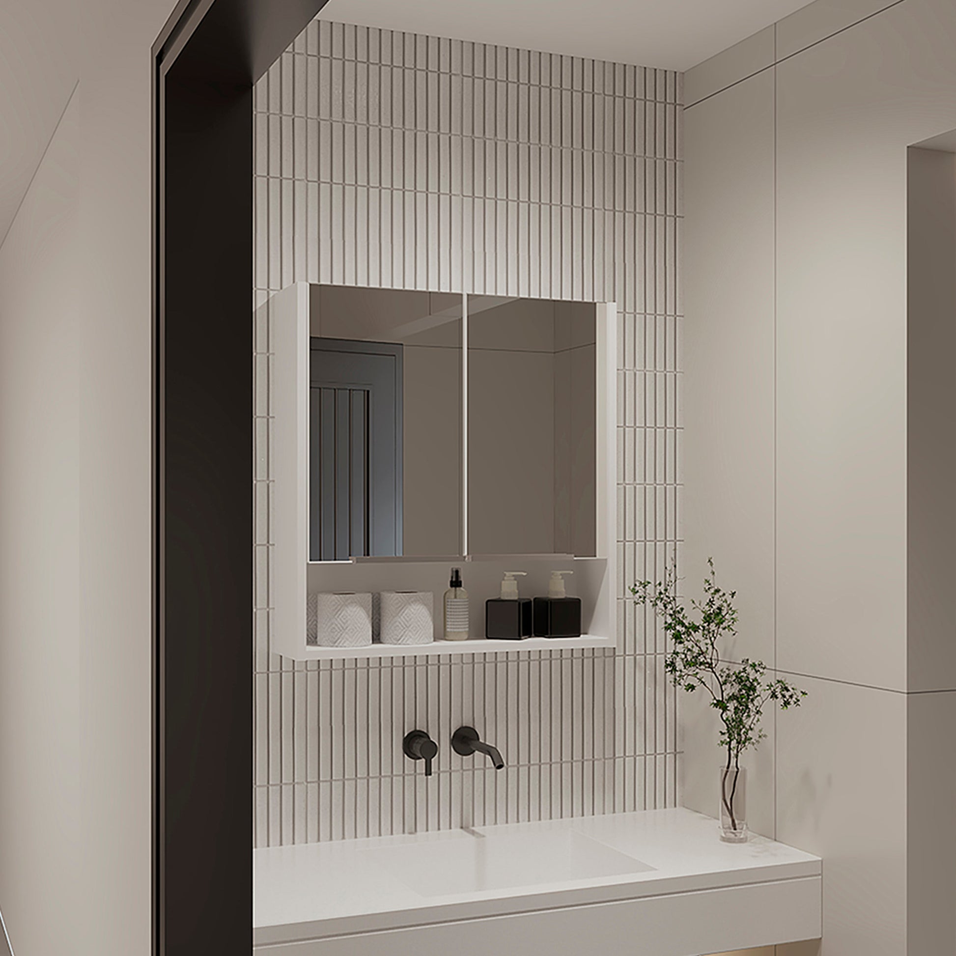 White modern medicine cabinet with mirrored doors and integrated shelf bathroom storage