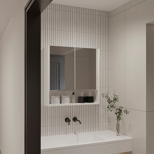 White modern medicine cabinet with mirrored doors and integrated shelf bathroom storage