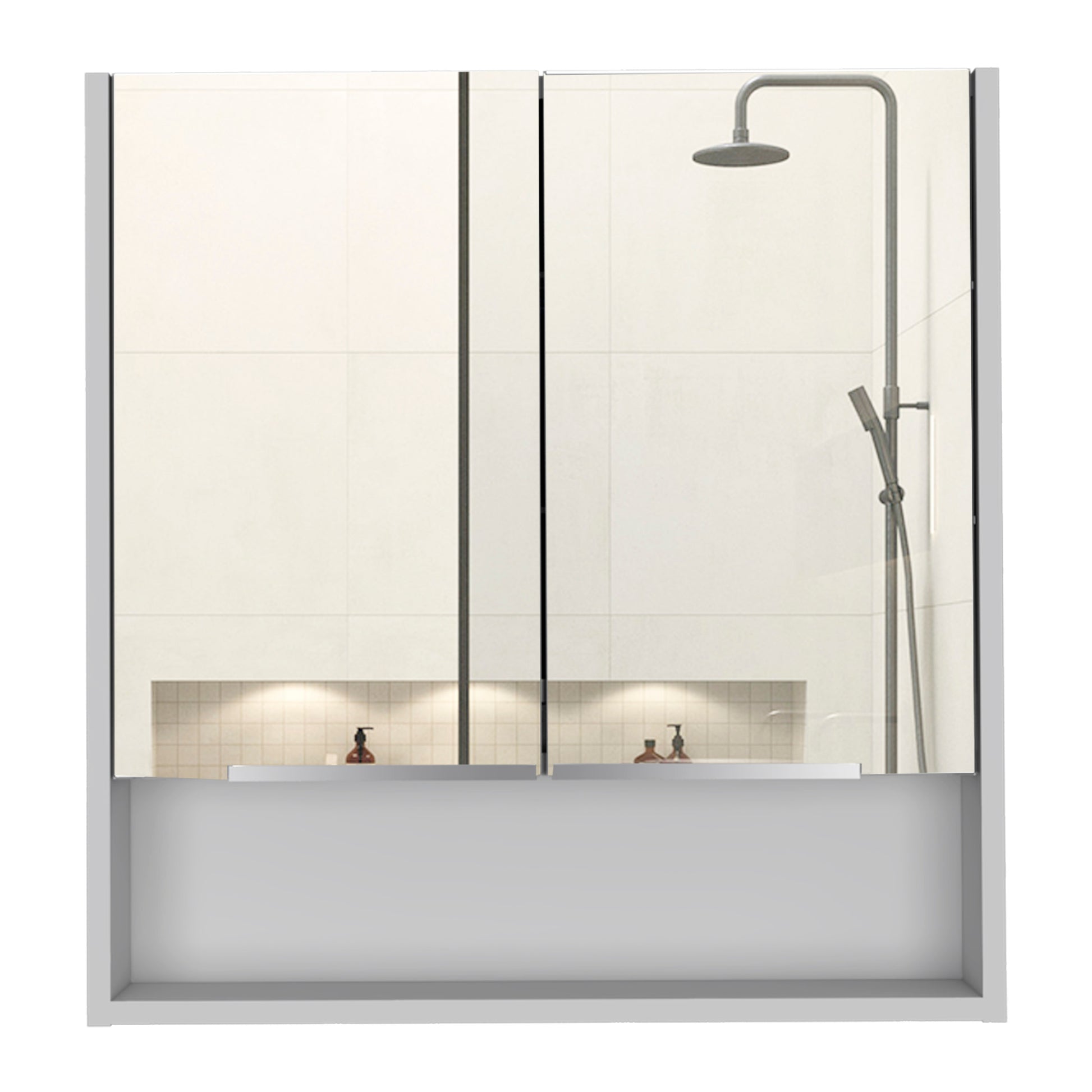 Modern chrome shower head and handheld shower unit mounted on white tiled wall