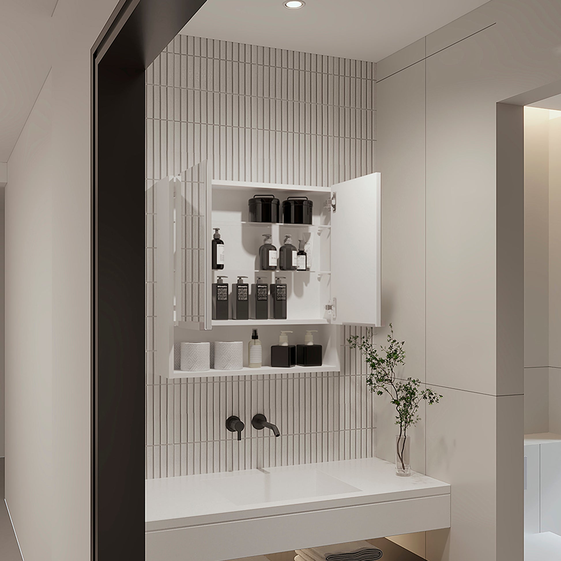 Modern white bathroom medicine cabinet with open doors displaying toiletries and containers