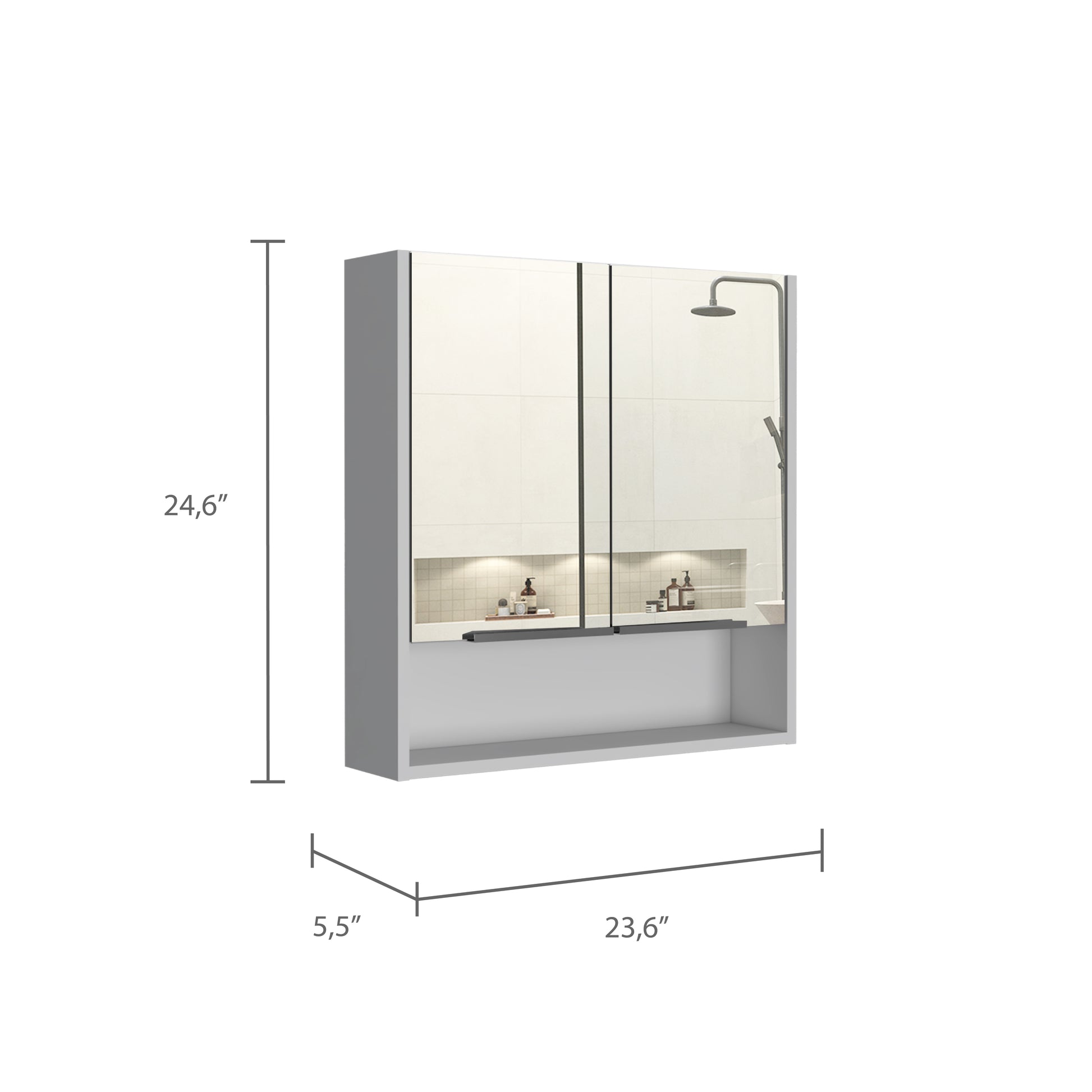 Modern white medicine cabinet with mirrored doors and adjustable shelf  H x  W