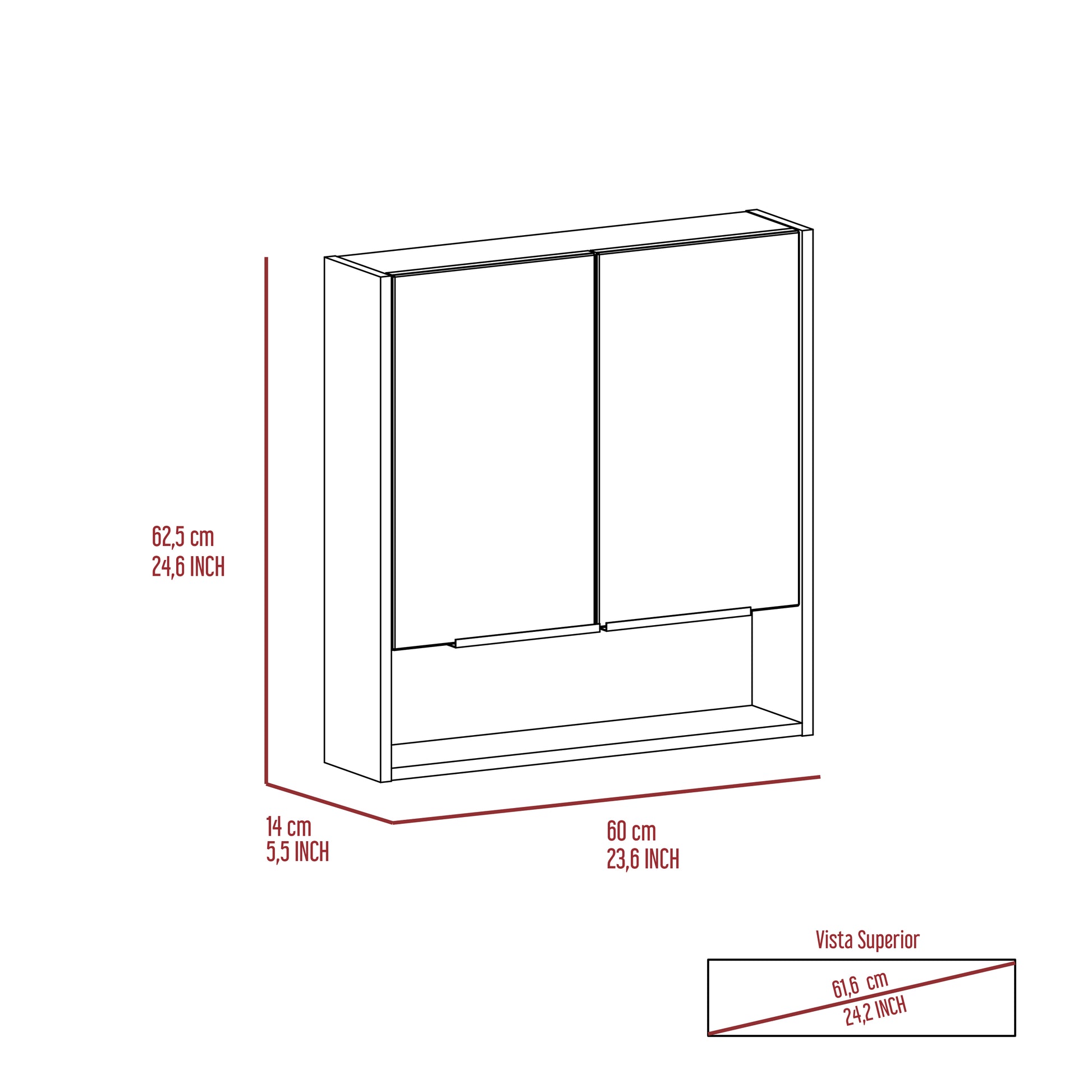 Line drawing of a modern wall cabinet with dimensions displayed