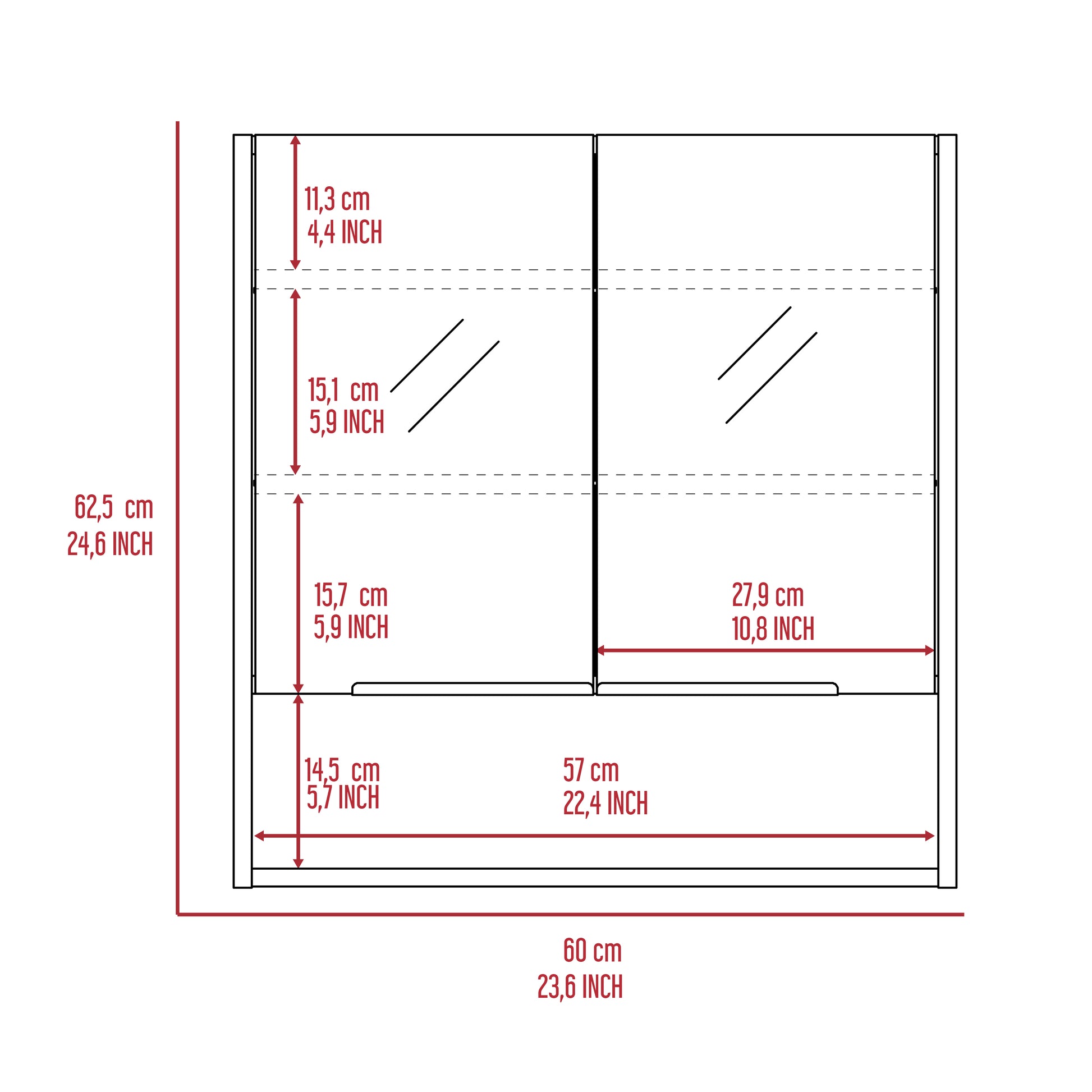 Line drawing of a cabinet with dimensions  cm height  cm width  cm depth