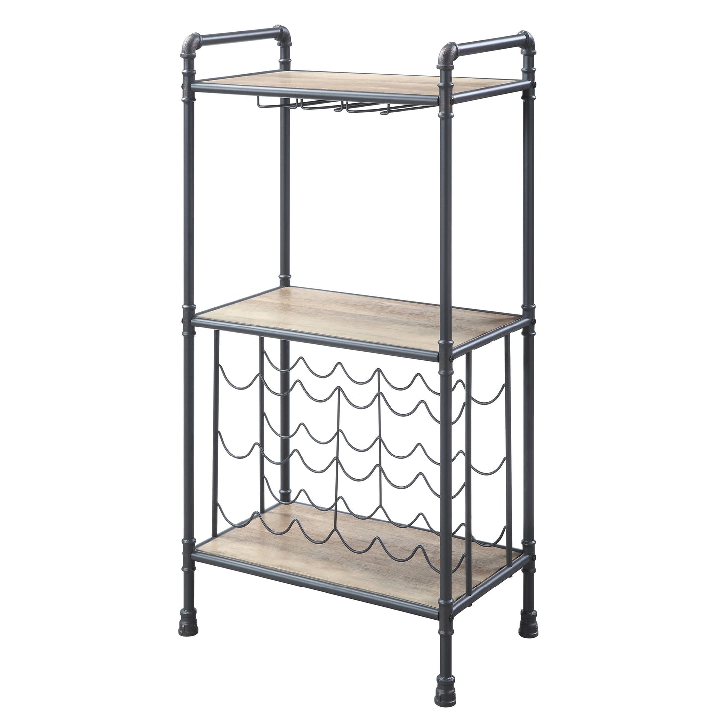Industrial style wine rack with three wood shelves and metal pipe frame holding up to  bottles