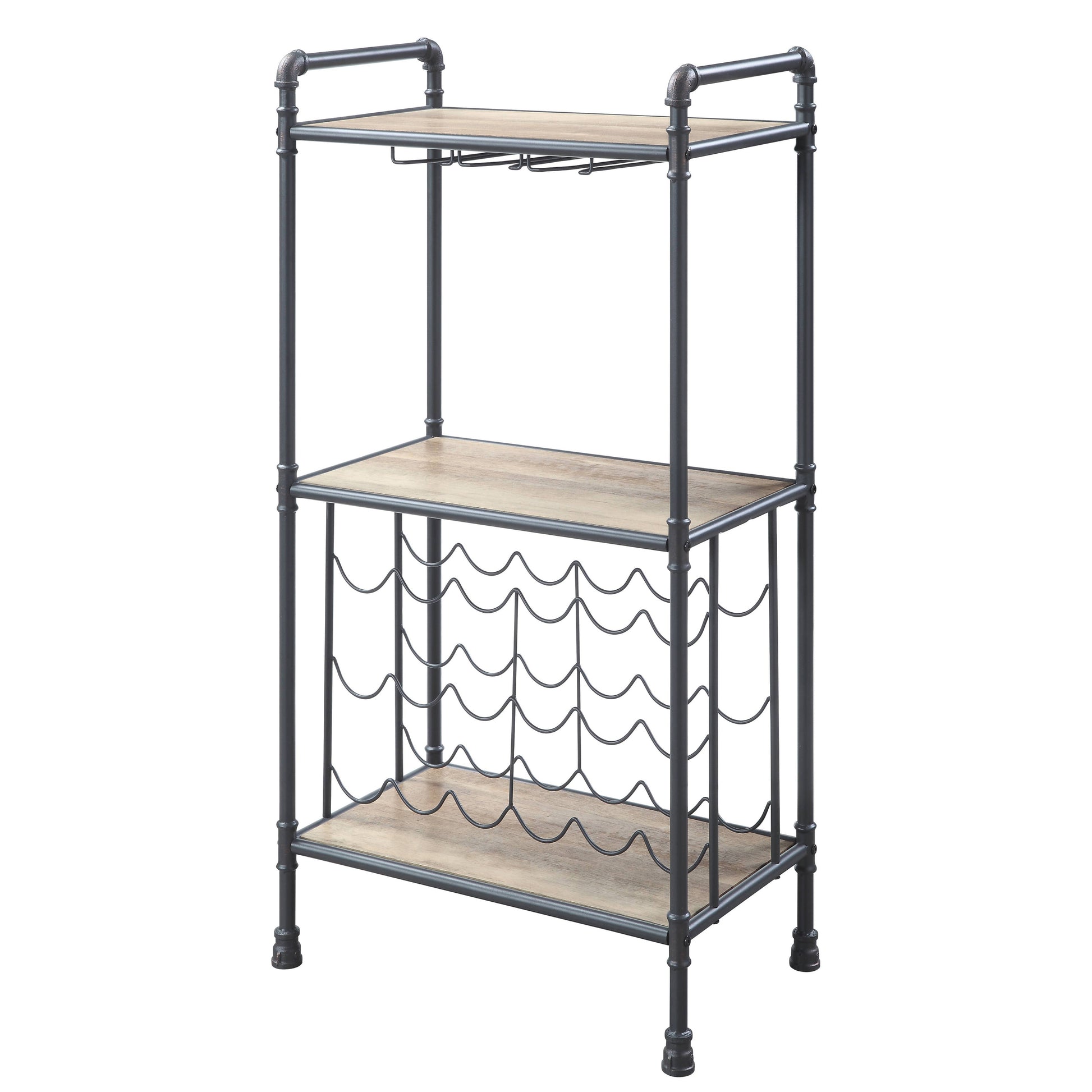 Industrial style wine rack with three wood shelves and metal pipe frame holding up to  bottles