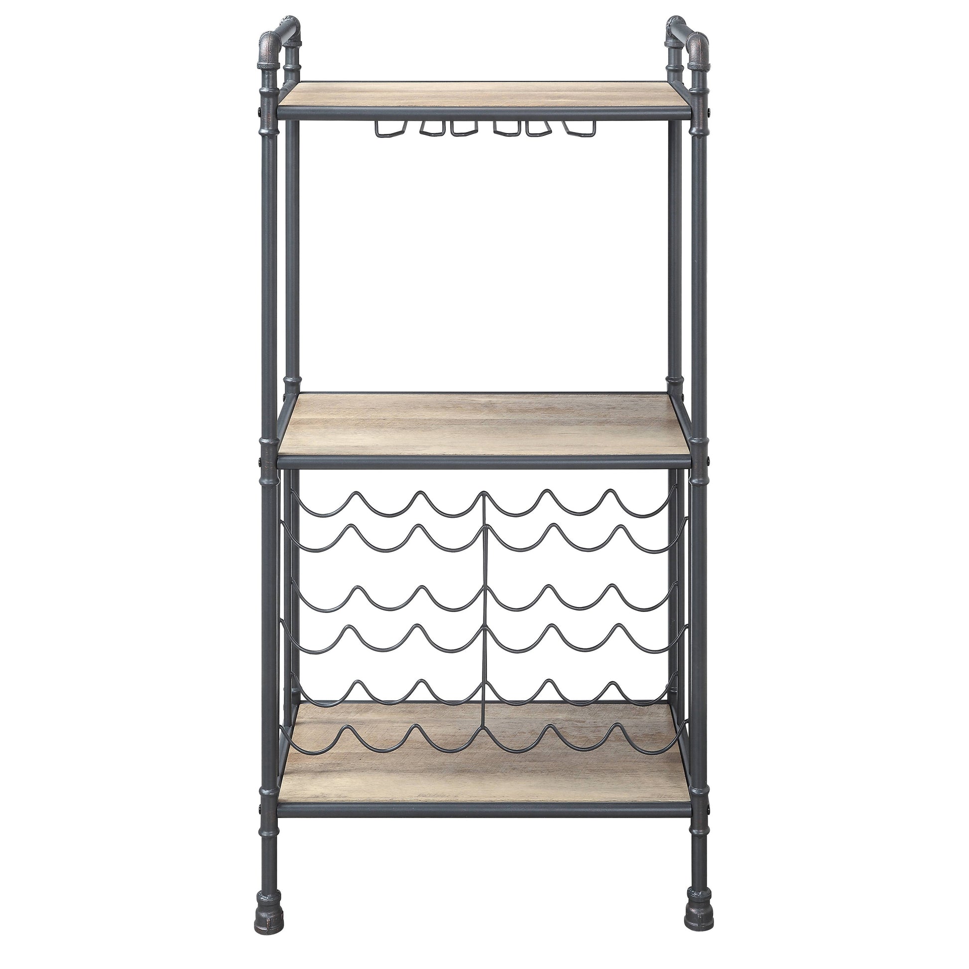 Industrial pipe wine rack with wood shelves and glass holders