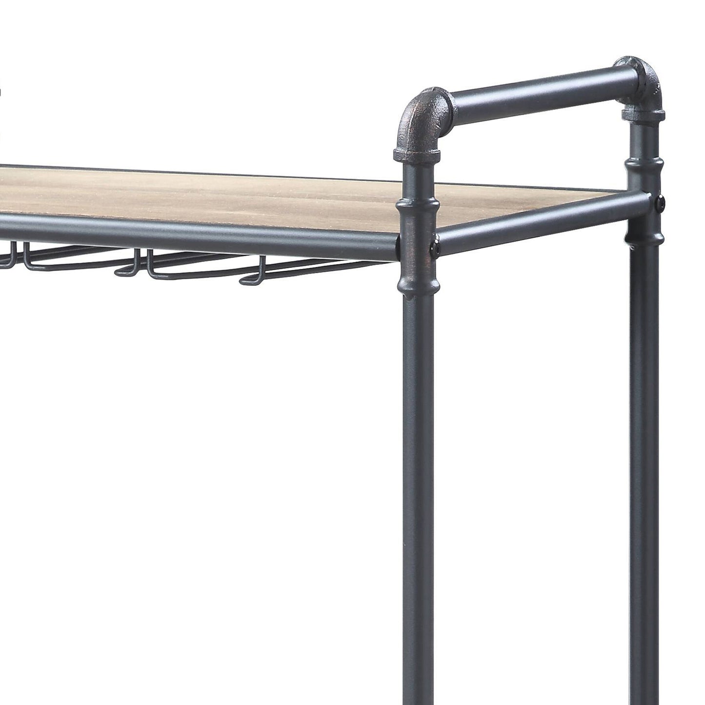 Industrial style bar cart with a rustic wood shelf and metal pipe frame