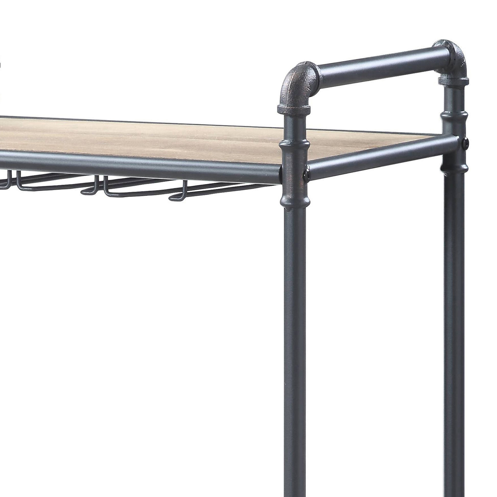 Industrial style bar cart with a rustic wood shelf and metal pipe frame