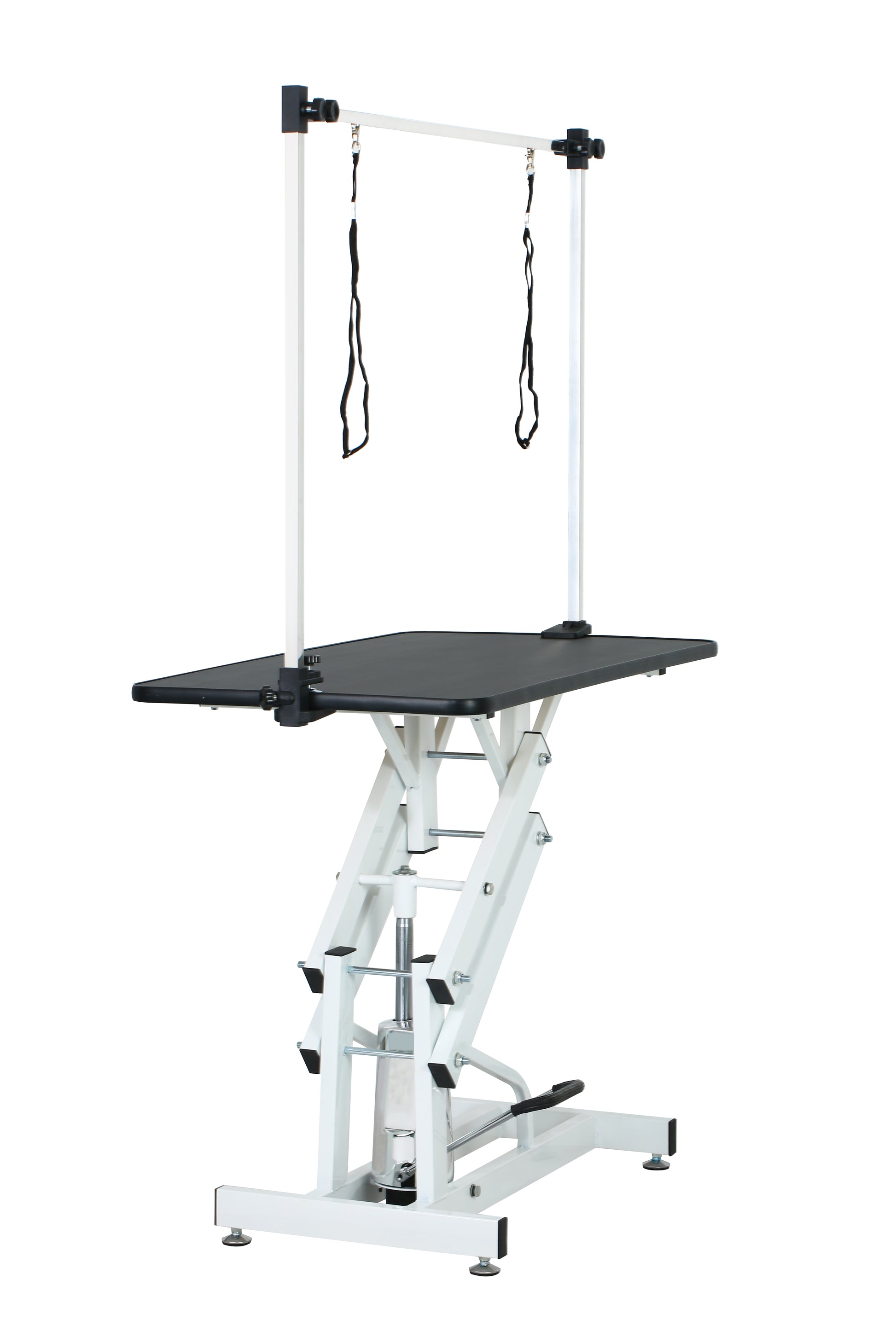 Adjustable electric grooming table with harness straps for secure pet handling