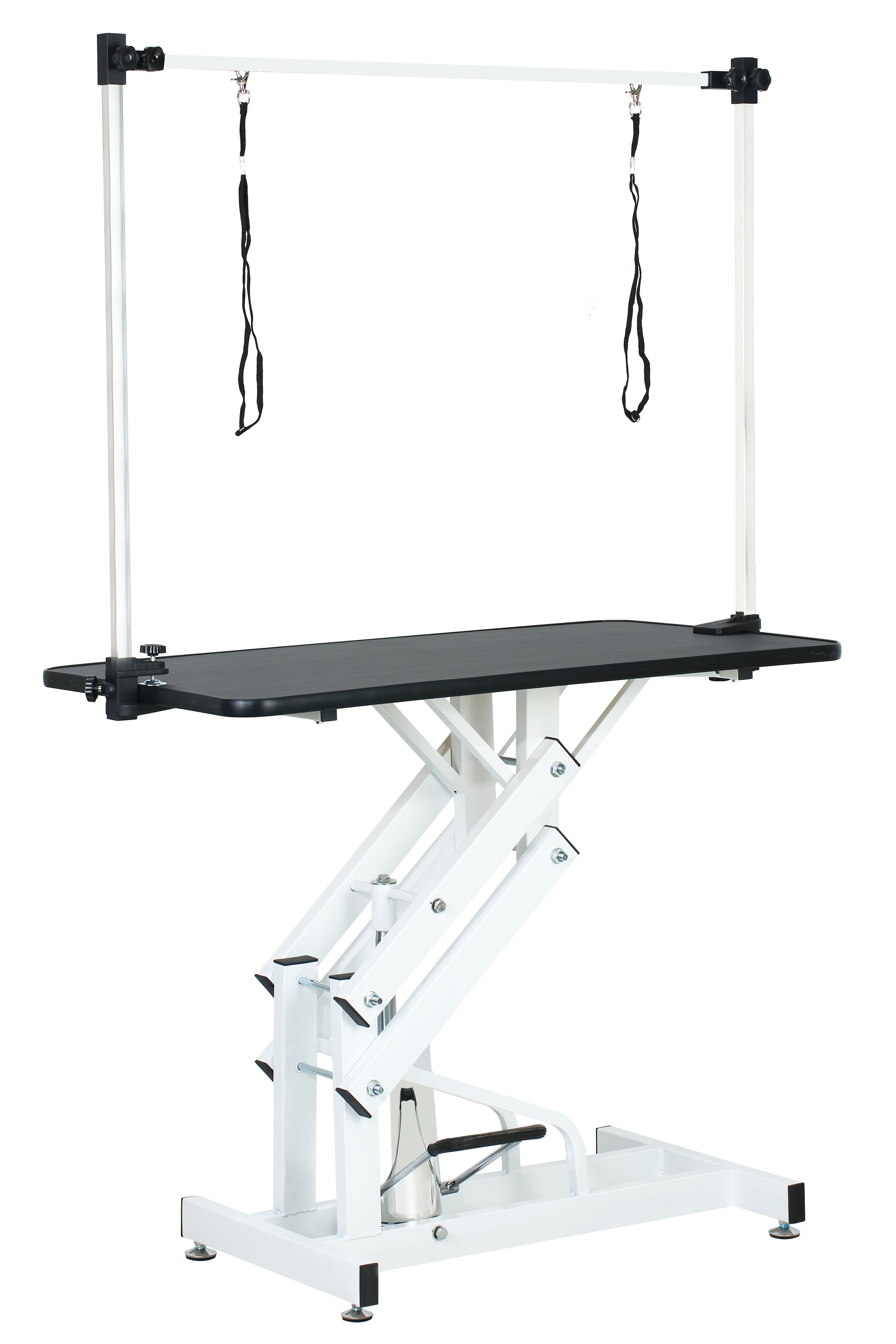 Adjustable grooming table with black surface and adjustable straps for pet grooming