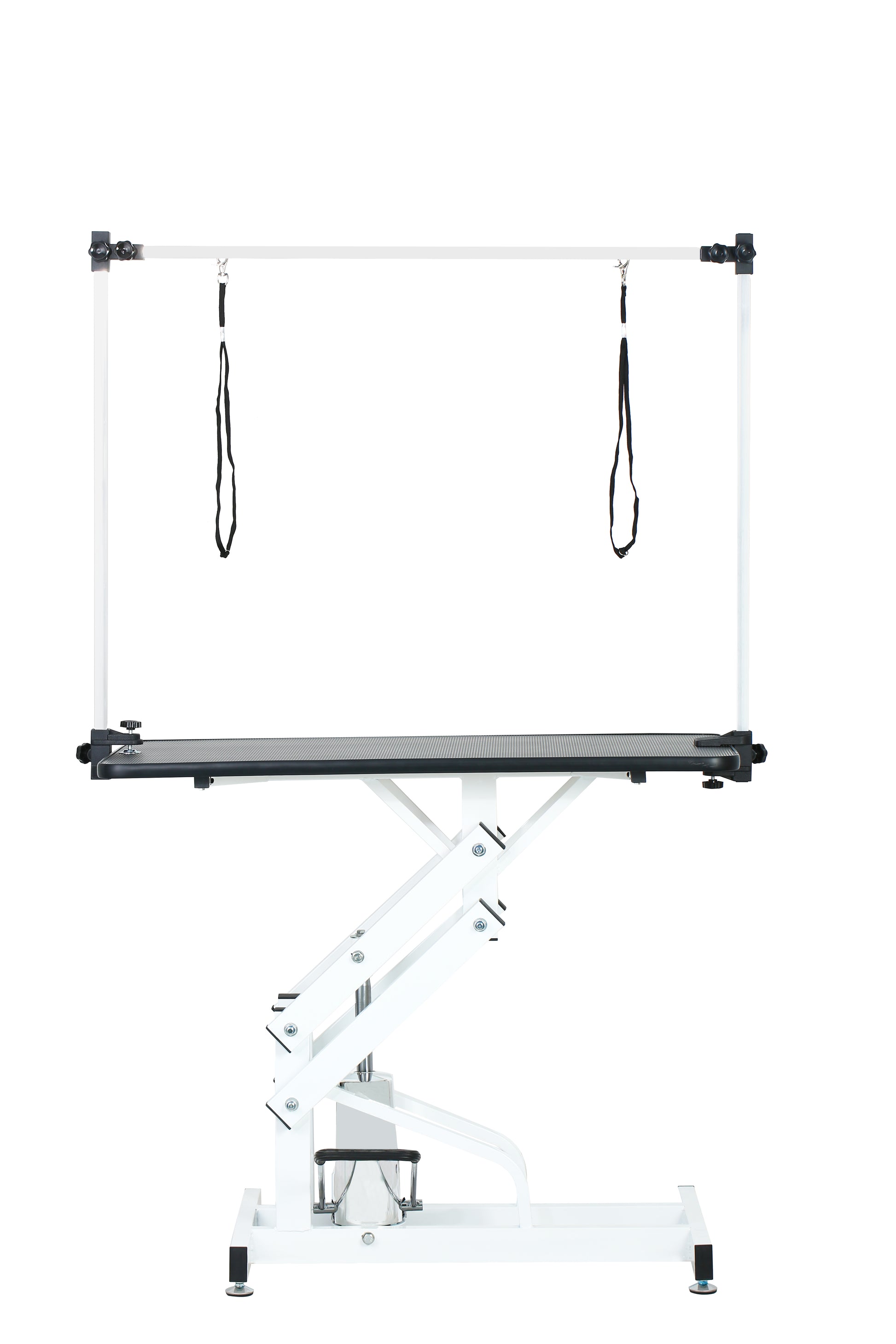 Adjustable grooming table with electric lift and two restraining loops