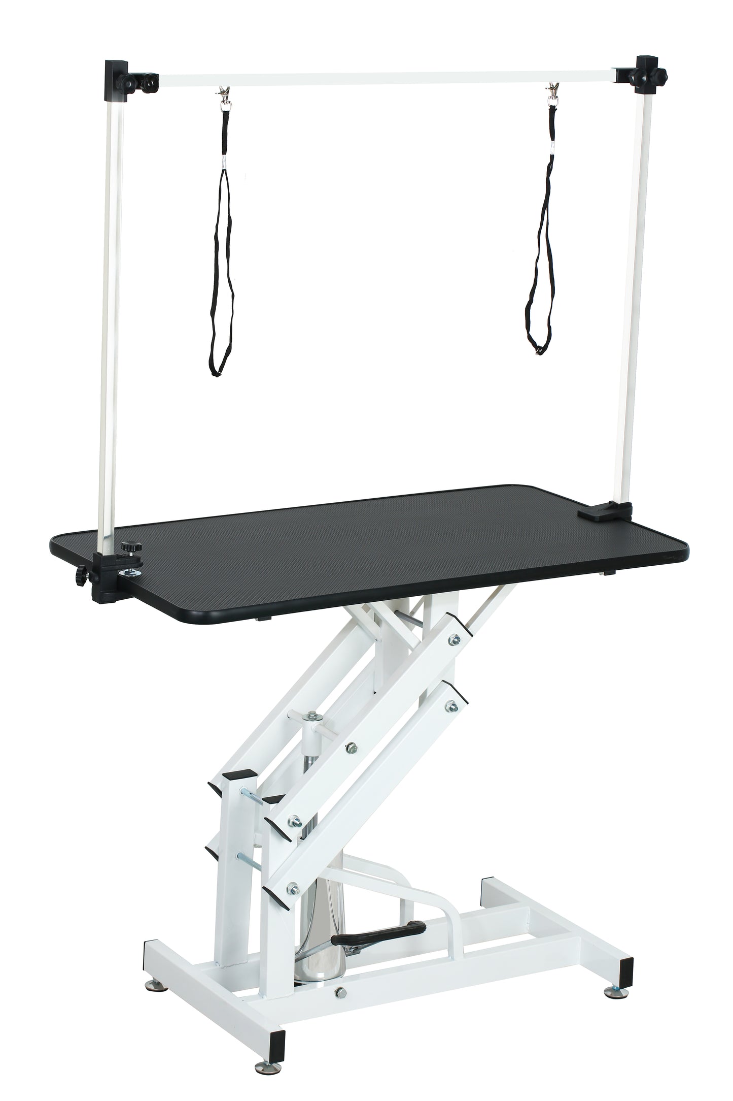 Adjustable hydraulic grooming table with arm and safety straps for pets