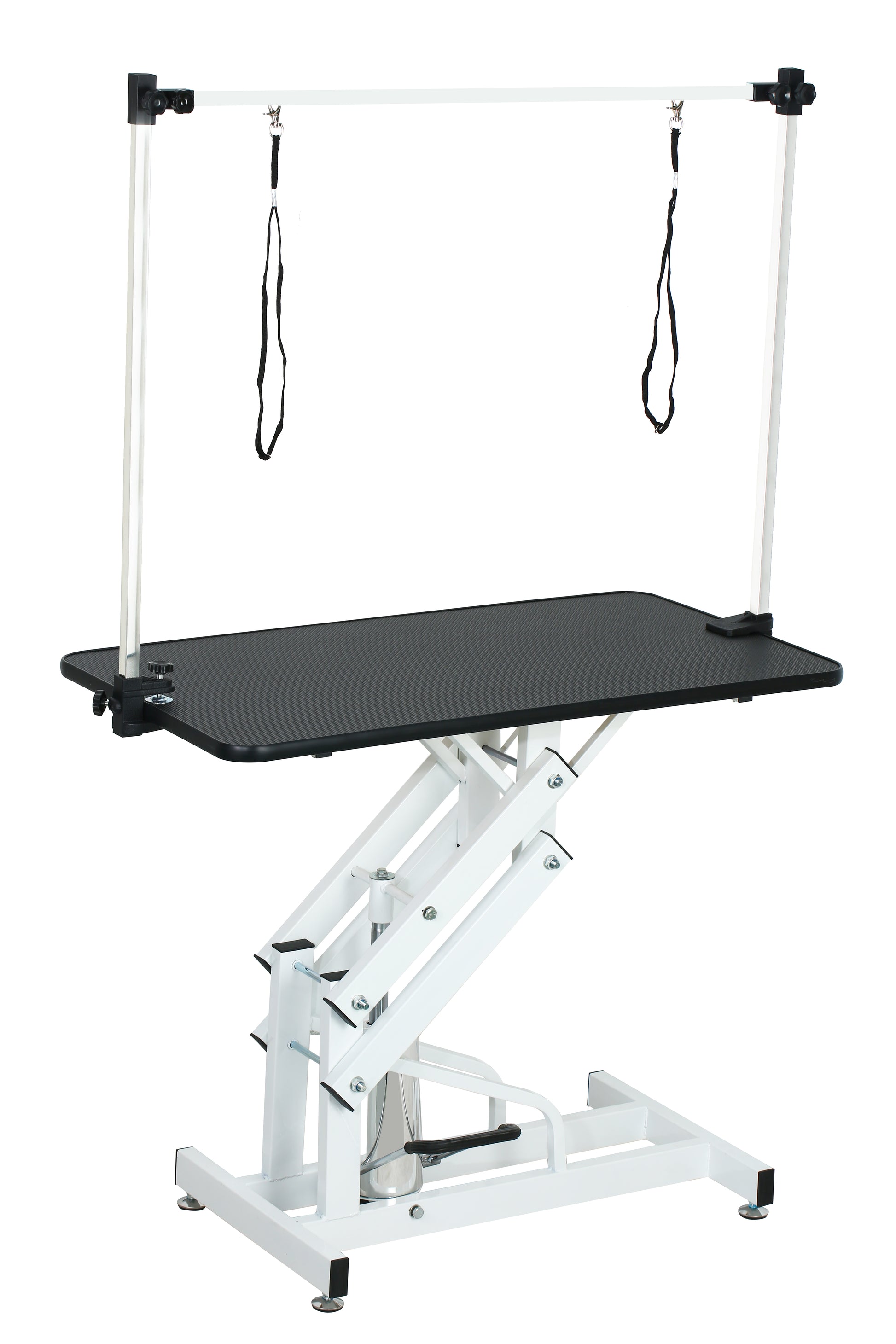 Adjustable hydraulic grooming table with arm and safety straps for pets