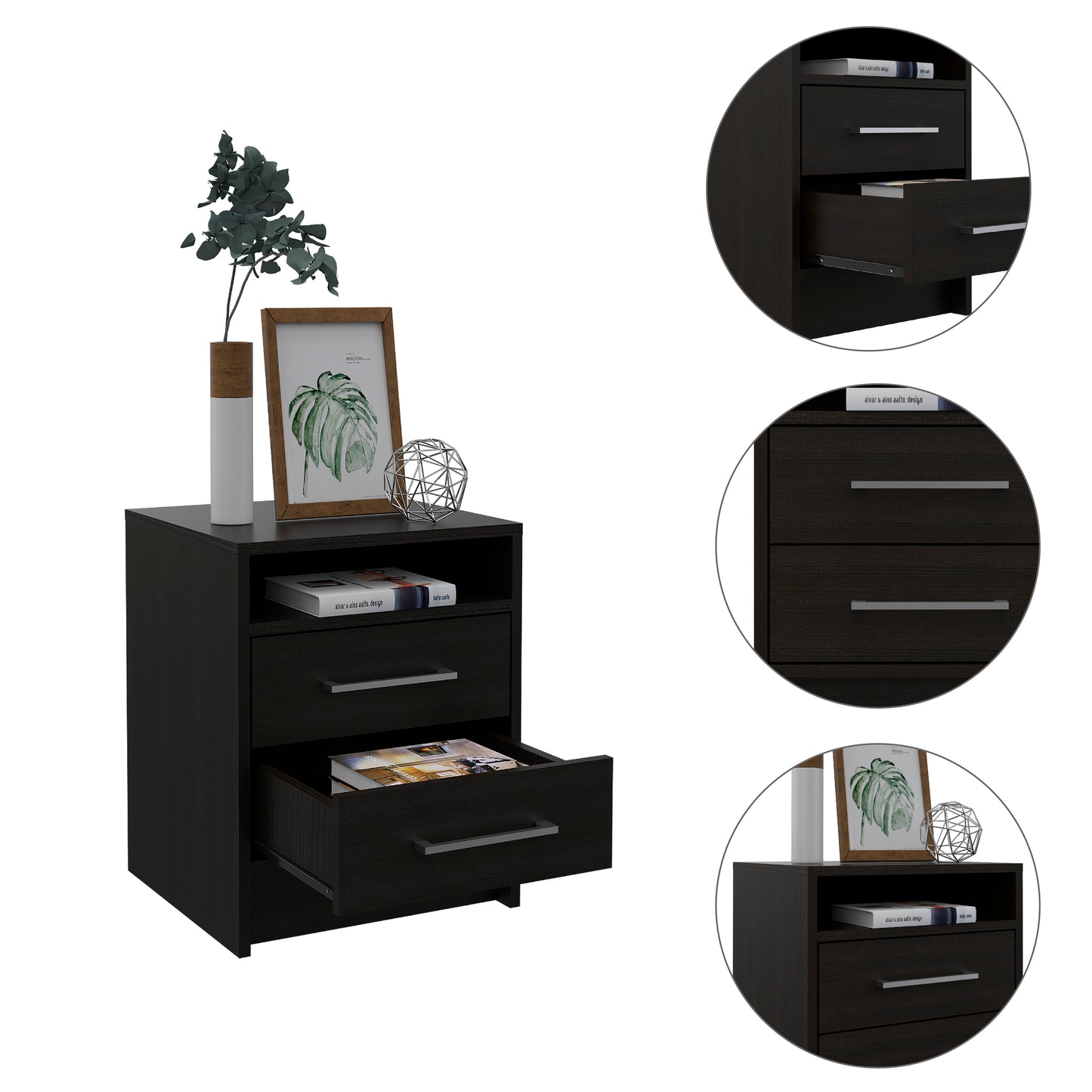 Dark wood nightstand with three drawers and open shelf for bedroom storage