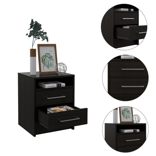 Dark wood nightstand with three drawers and open shelf for bedroom storage