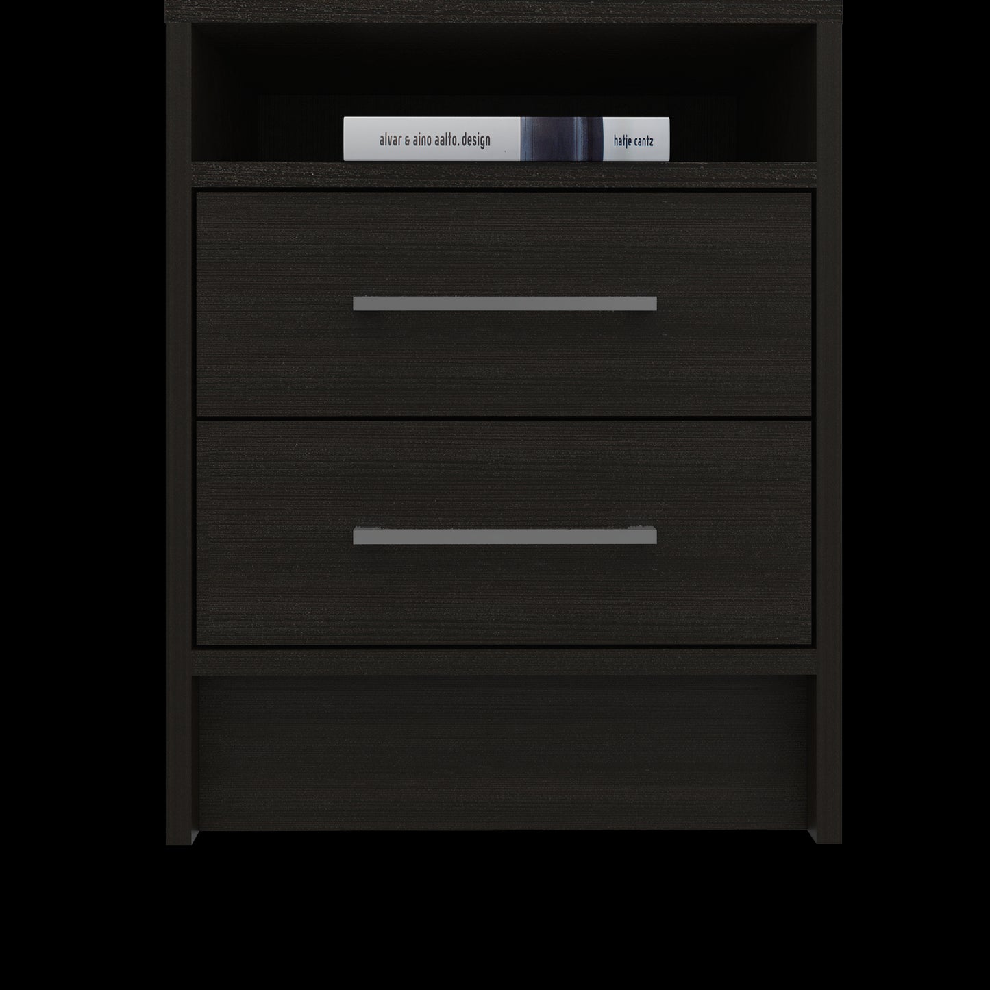 Dark wood nightstand with two drawers and a shelf featuring sleek silver handles