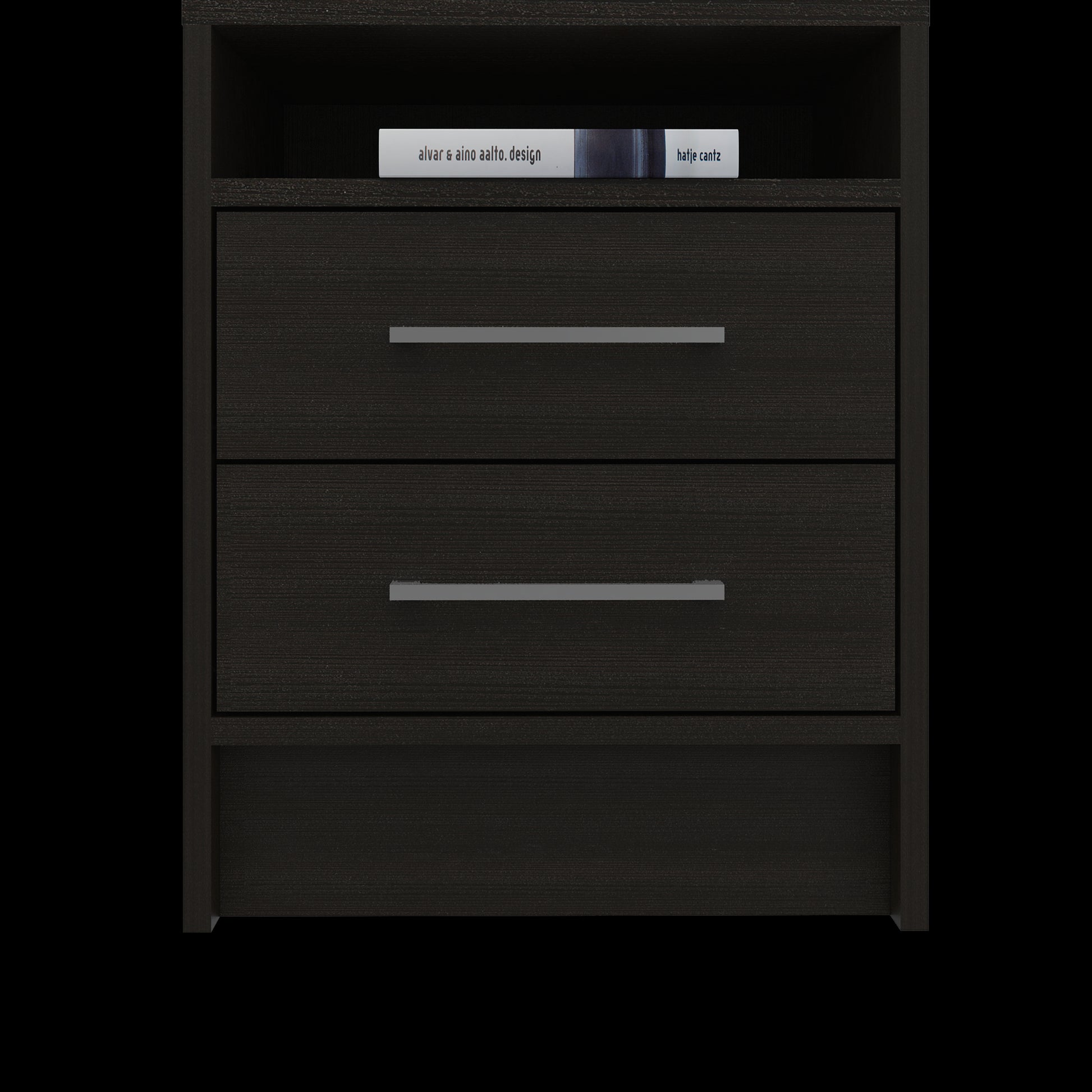 Dark wood nightstand with two drawers and a shelf featuring sleek silver handles