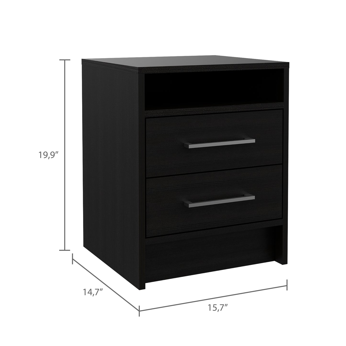Black laminate nightstand with two drawers and open shelf
