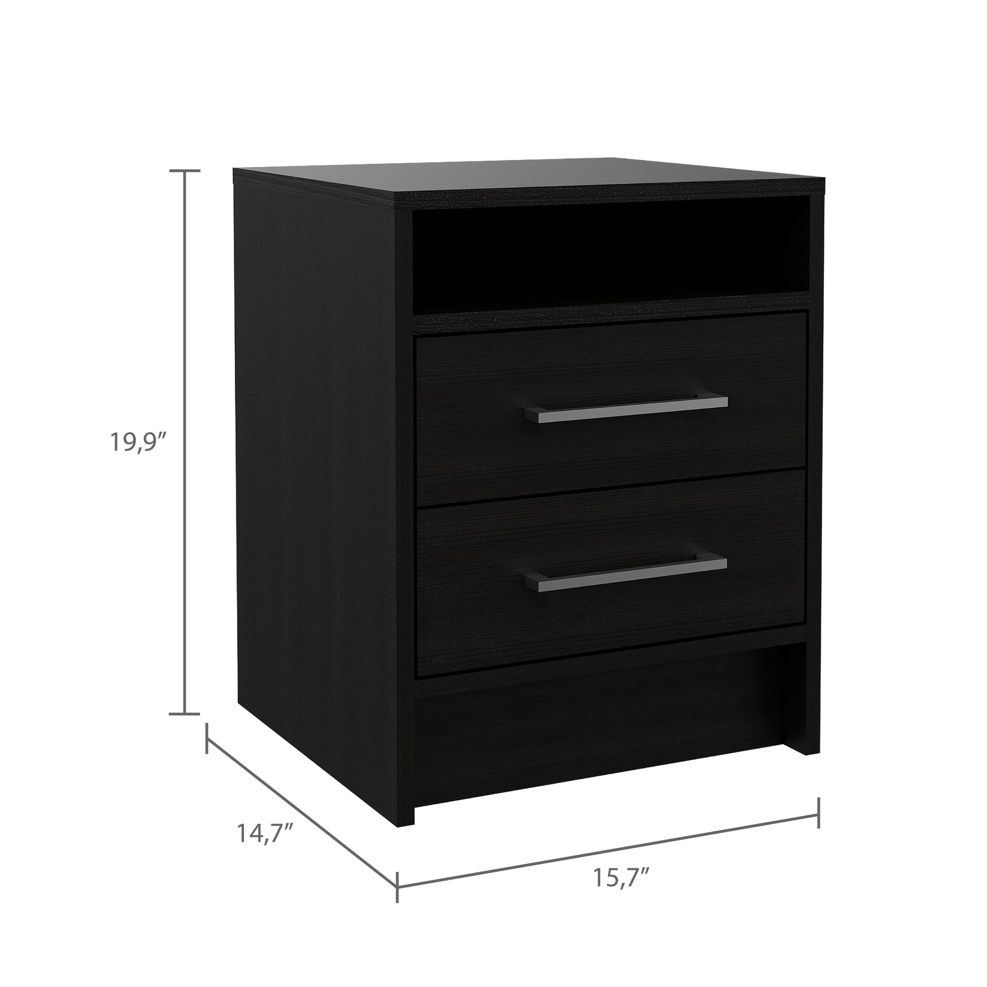 Black laminate nightstand with two drawers and open shelf
