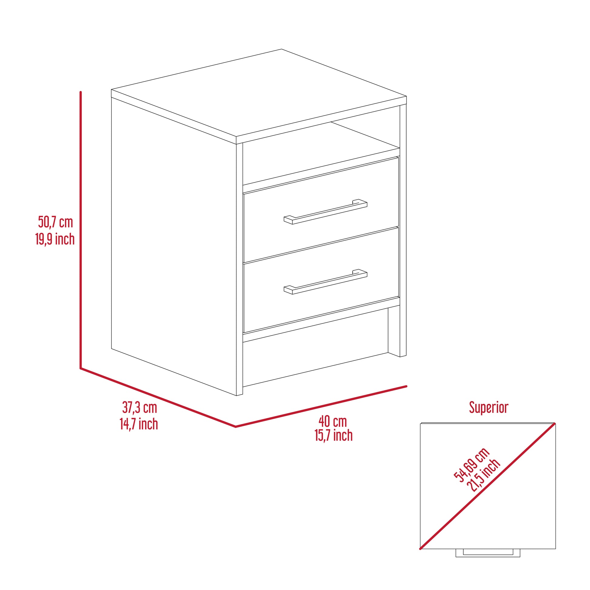 Diagram of a modern white bedside table with two drawers and an open shelf cm height