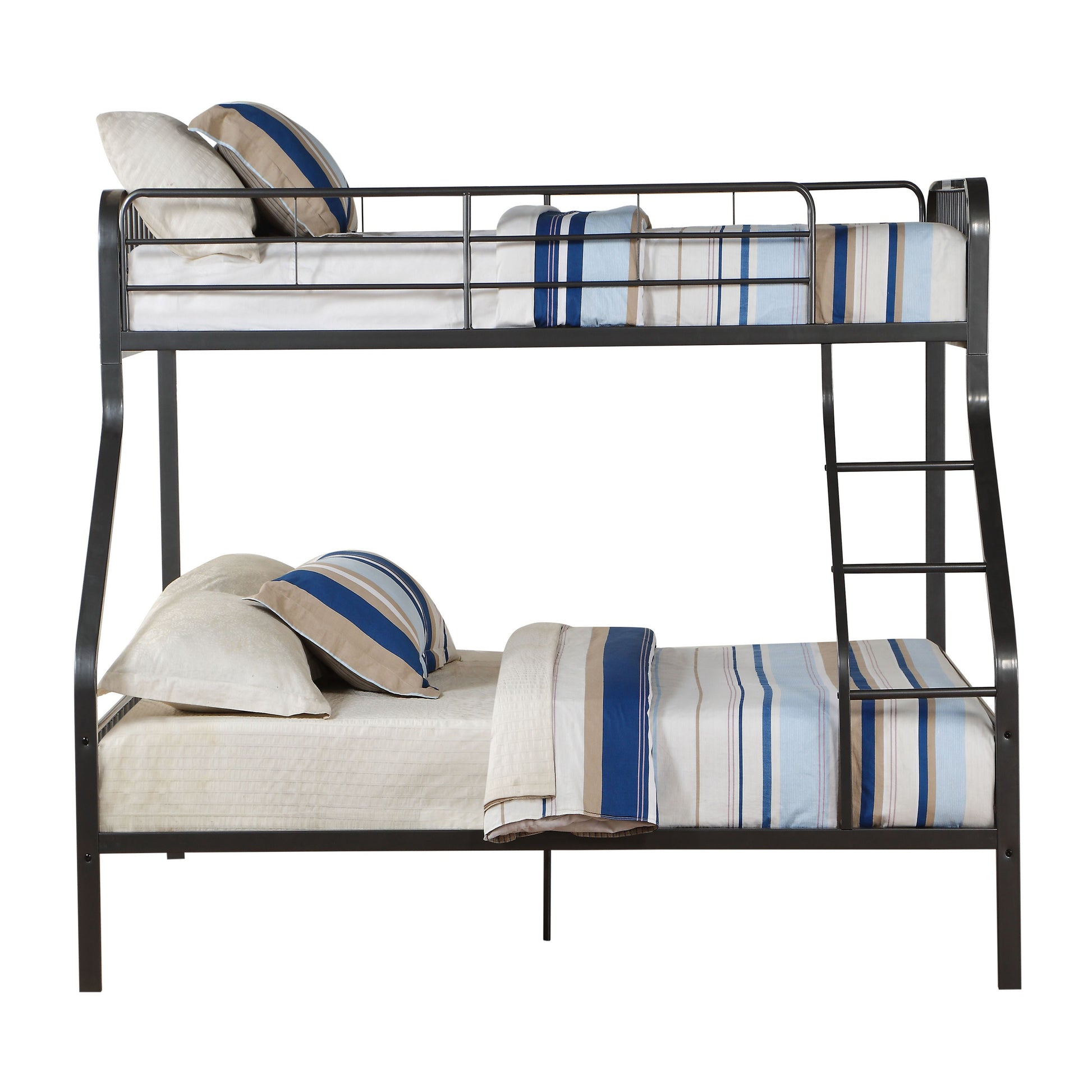 Black metal twinovertwin bunk bed with striped bedding and pillows perfect for kids rooms