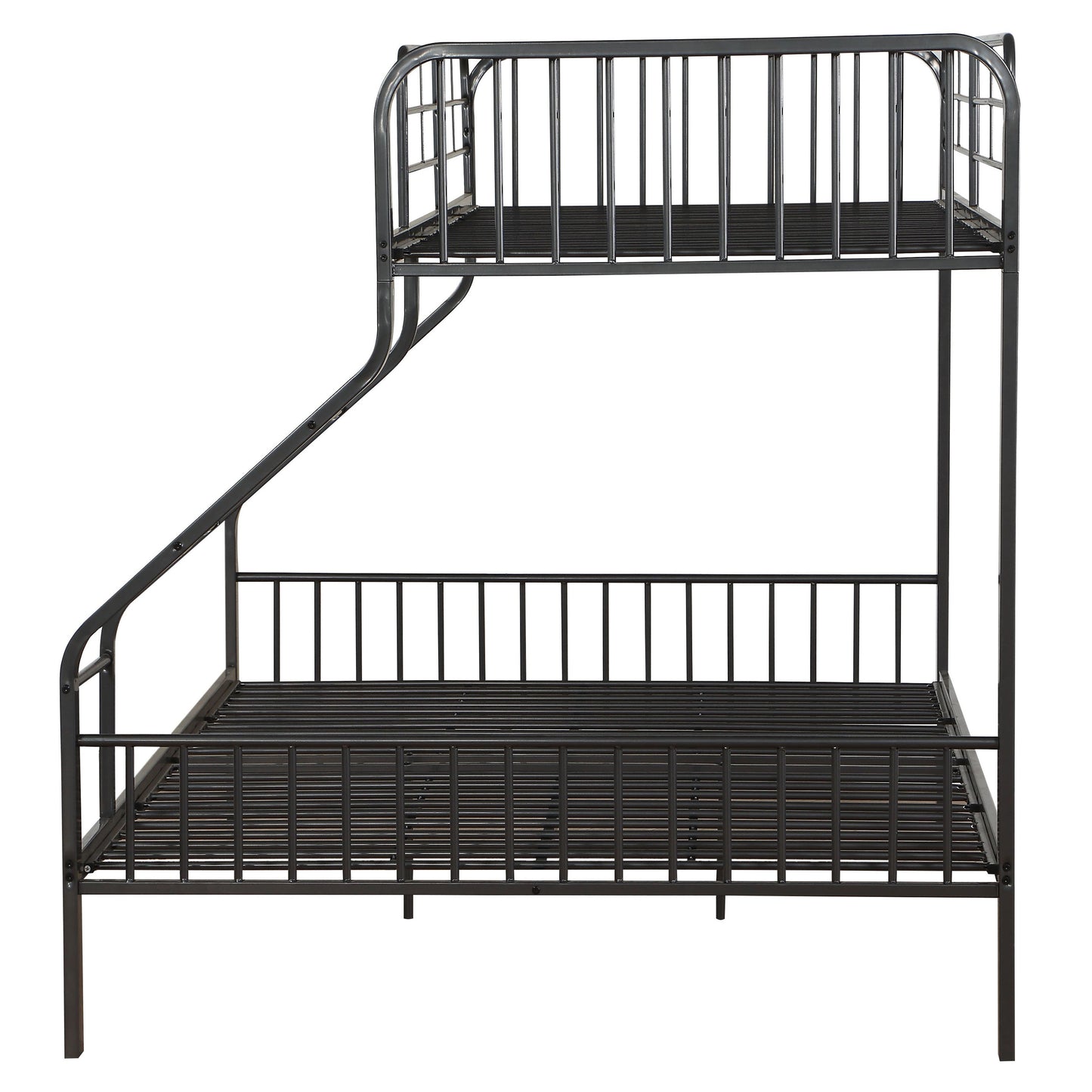 Black metal bunk bed with rounded headboards and slatted platform perfect for kids rooms