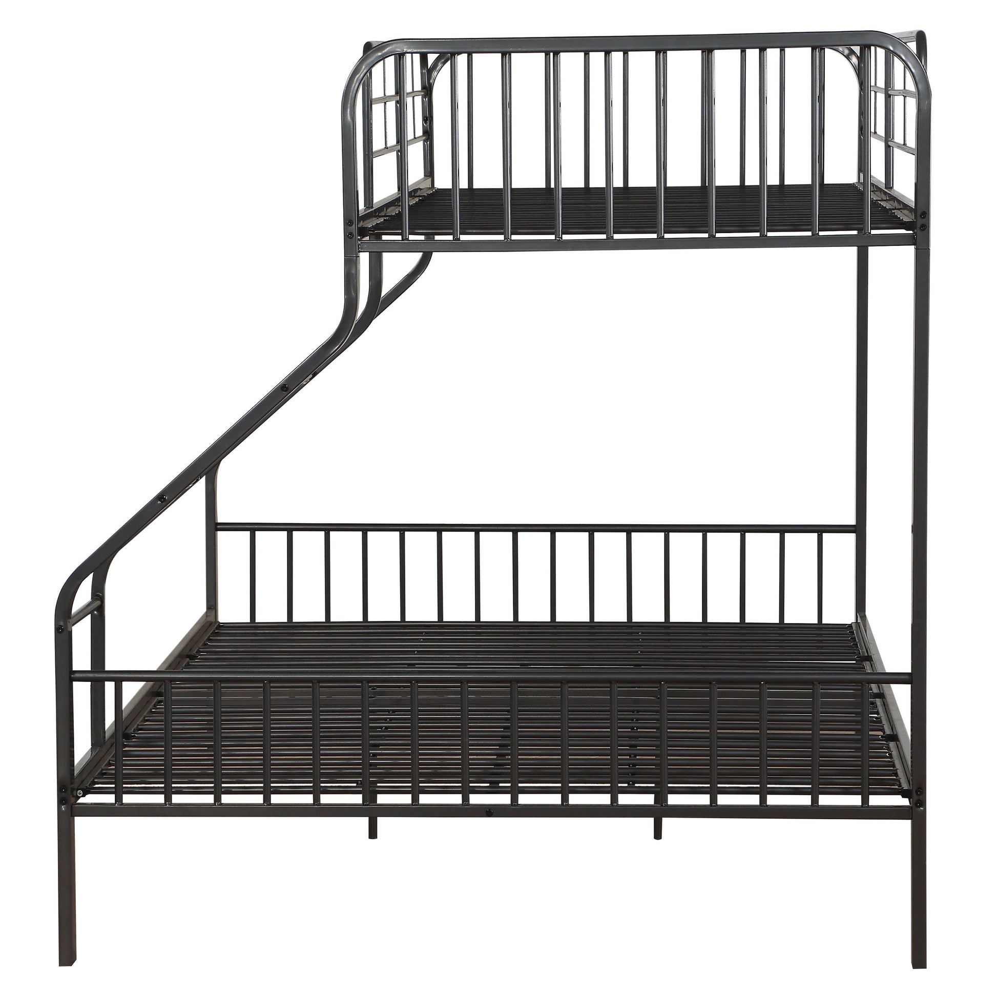Black metal bunk bed with rounded headboards and slatted platform perfect for kids rooms