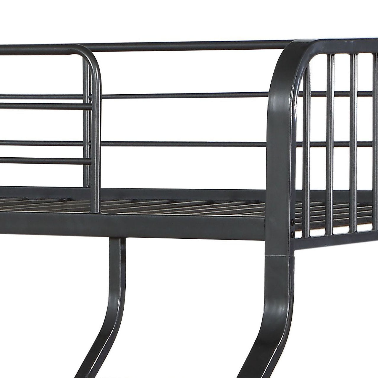 Gray metal twin bunk bed frame with ladder sturdy construction and safety rails