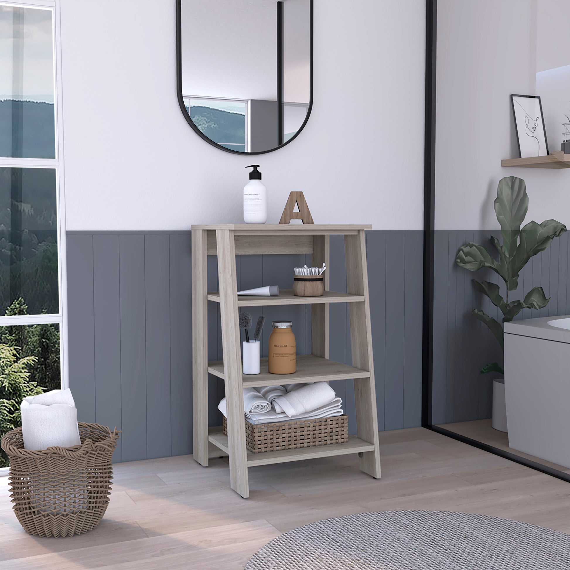 Rustic oak tier leaning shelf unit with baskets and toiletries