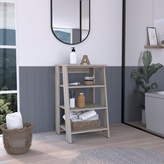 Rustic oak tier leaning shelf unit with baskets and toiletries