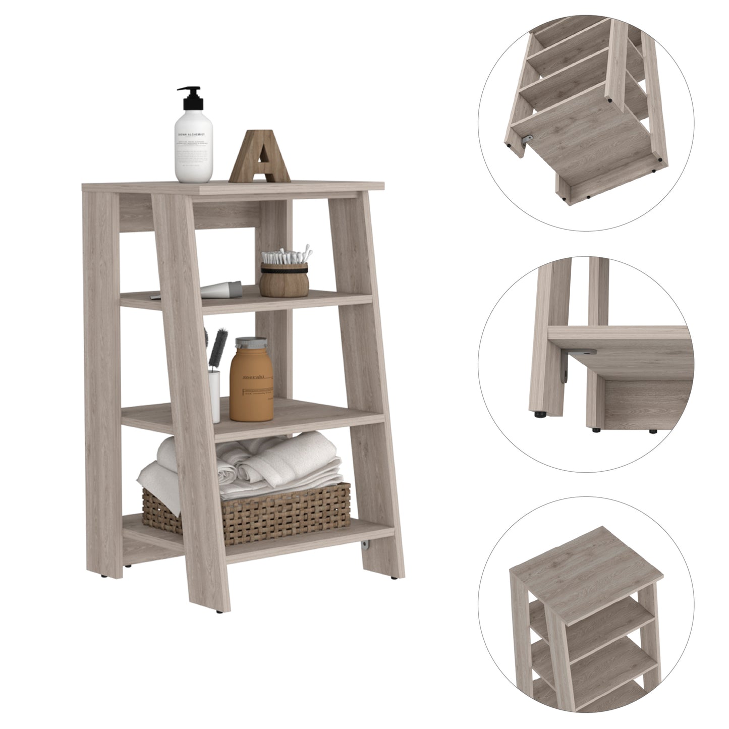 Light oak wooden leaning bookshelf with four shelves ideal for bathrooms