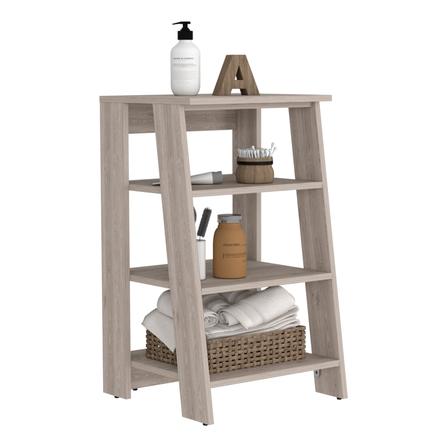 Light oak ladder shelf with dispenser wooden A and towels
