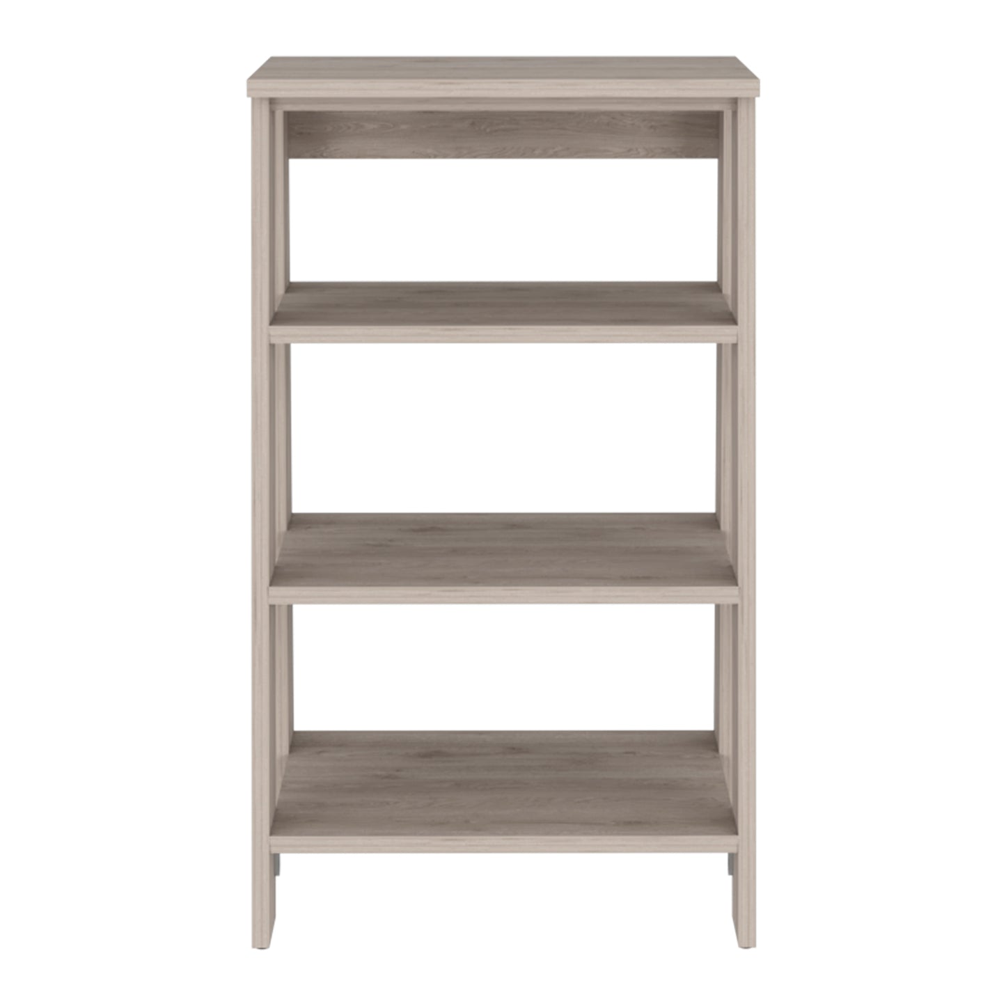 Light grey wood grain tier bookshelf with open back for storage and display