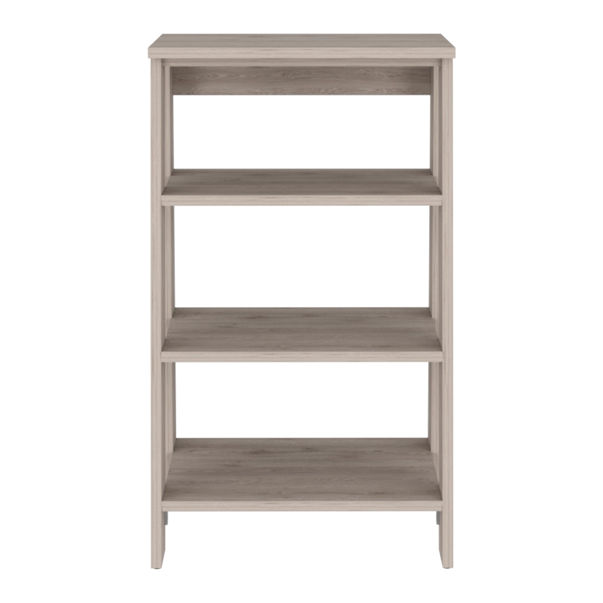 Light grey wood grain tier bookshelf with open back for storage and display