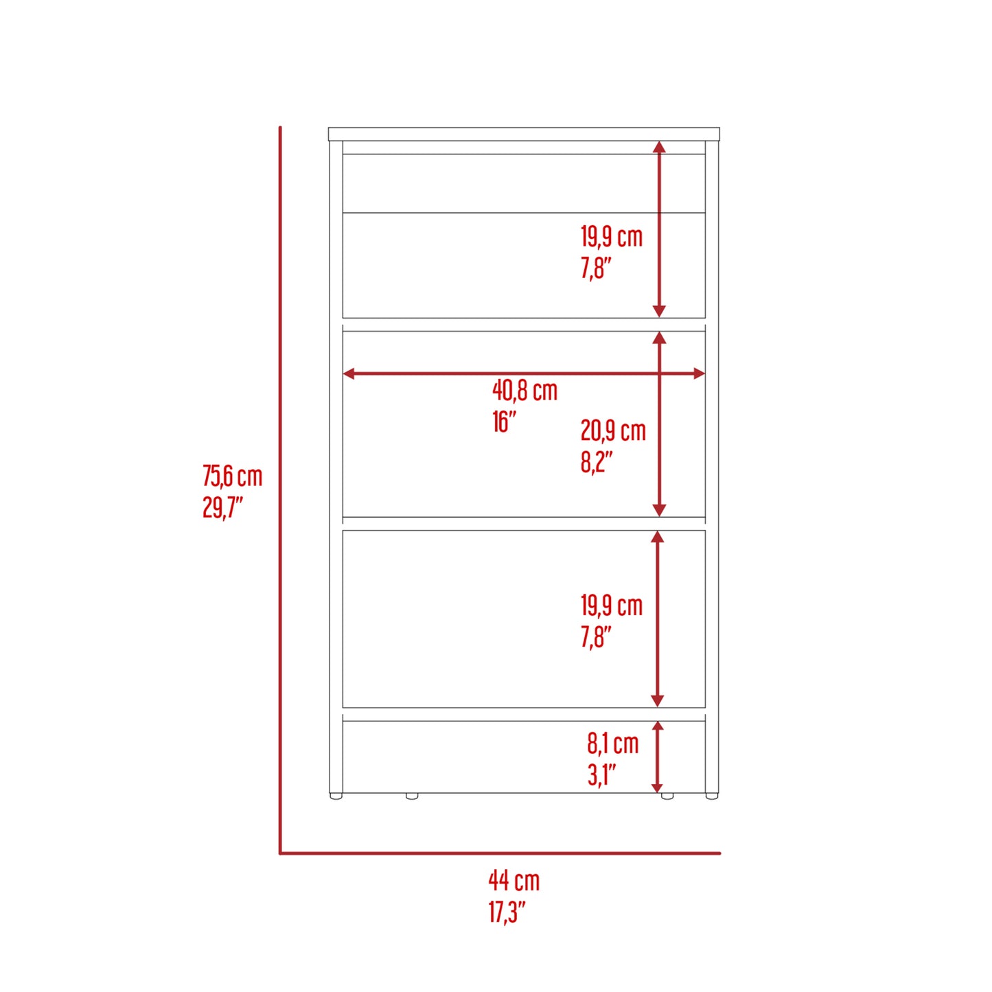 Blueprint of a white drawer dresser with dimensions labeled in cm and inches