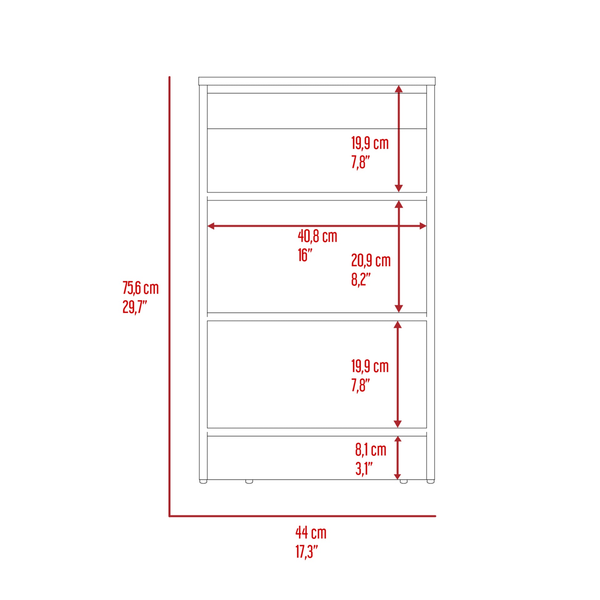 Blueprint of a white drawer dresser with dimensions labeled in cm and inches