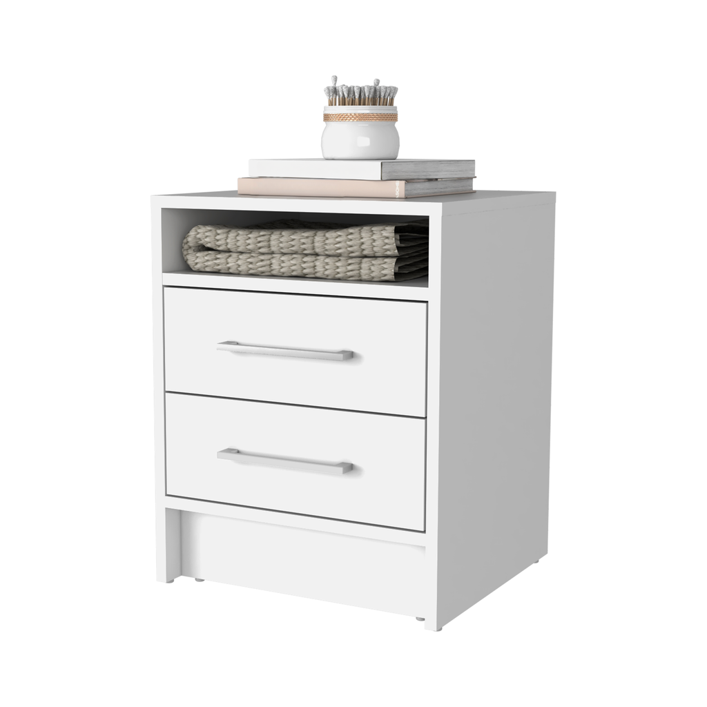 White modern nightstand with two drawers and open shelf
