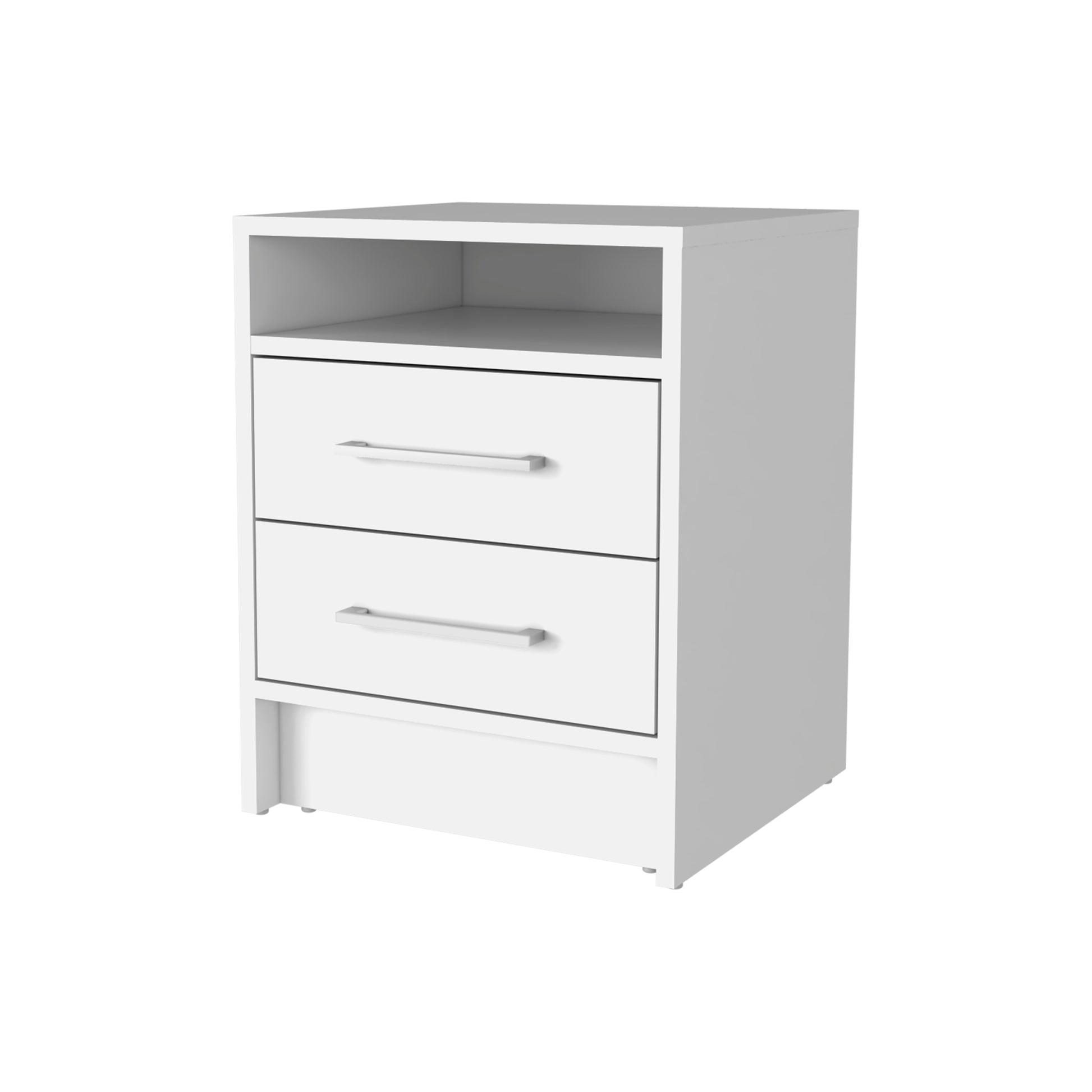 Modern white bedside table with two drawers and an open shelf perfect for a contemporary bedroom