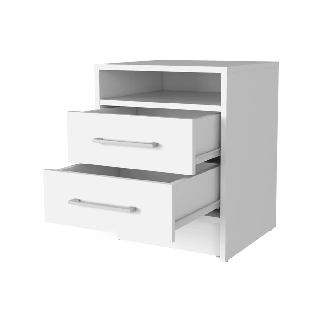 Modern white bedside table with two open drawers and a shelf