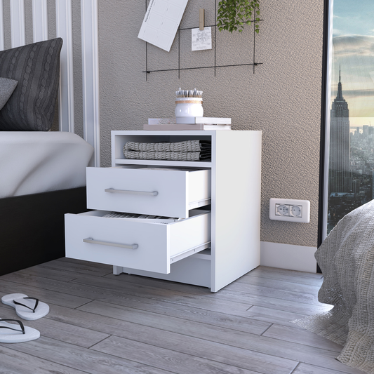White bedside table with two drawers and an open shelf modern design for bedroom storage