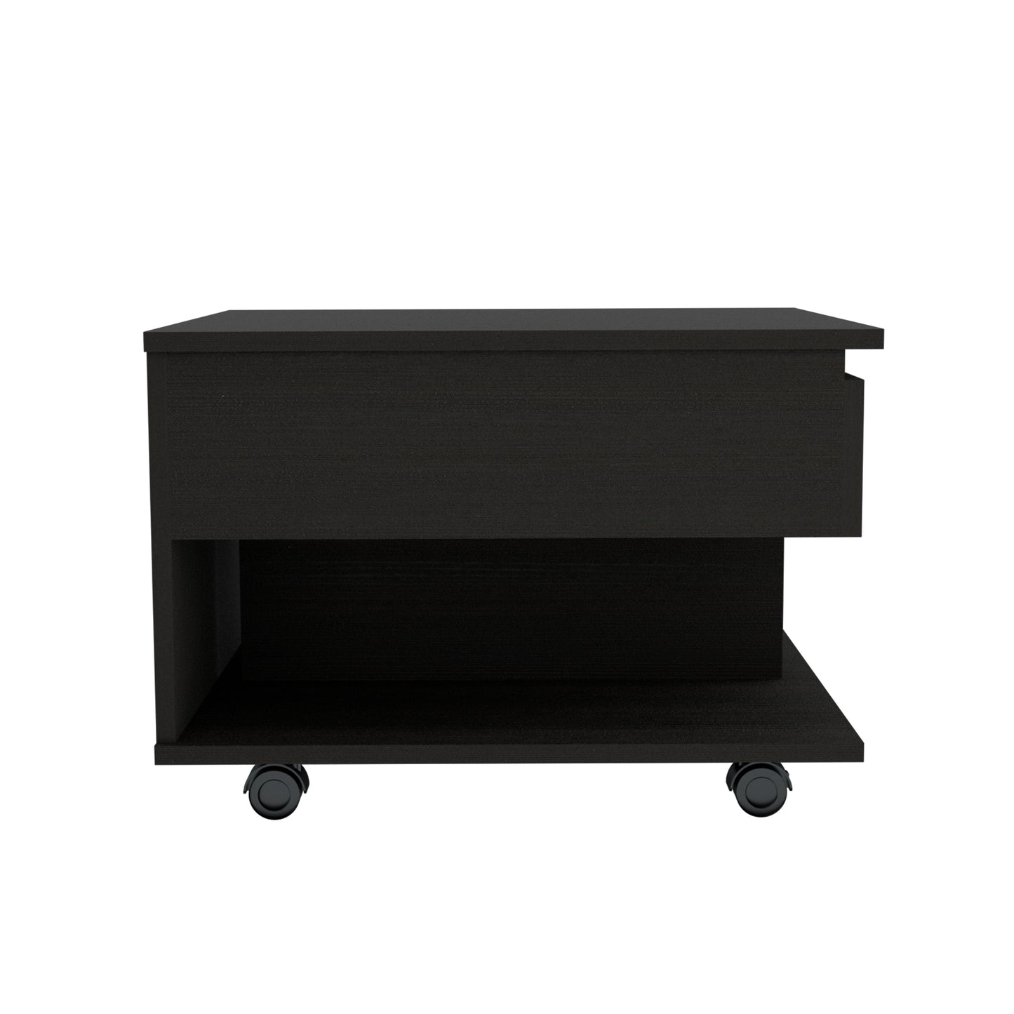 Modern black nightstand with one drawer and open shelf on wheels