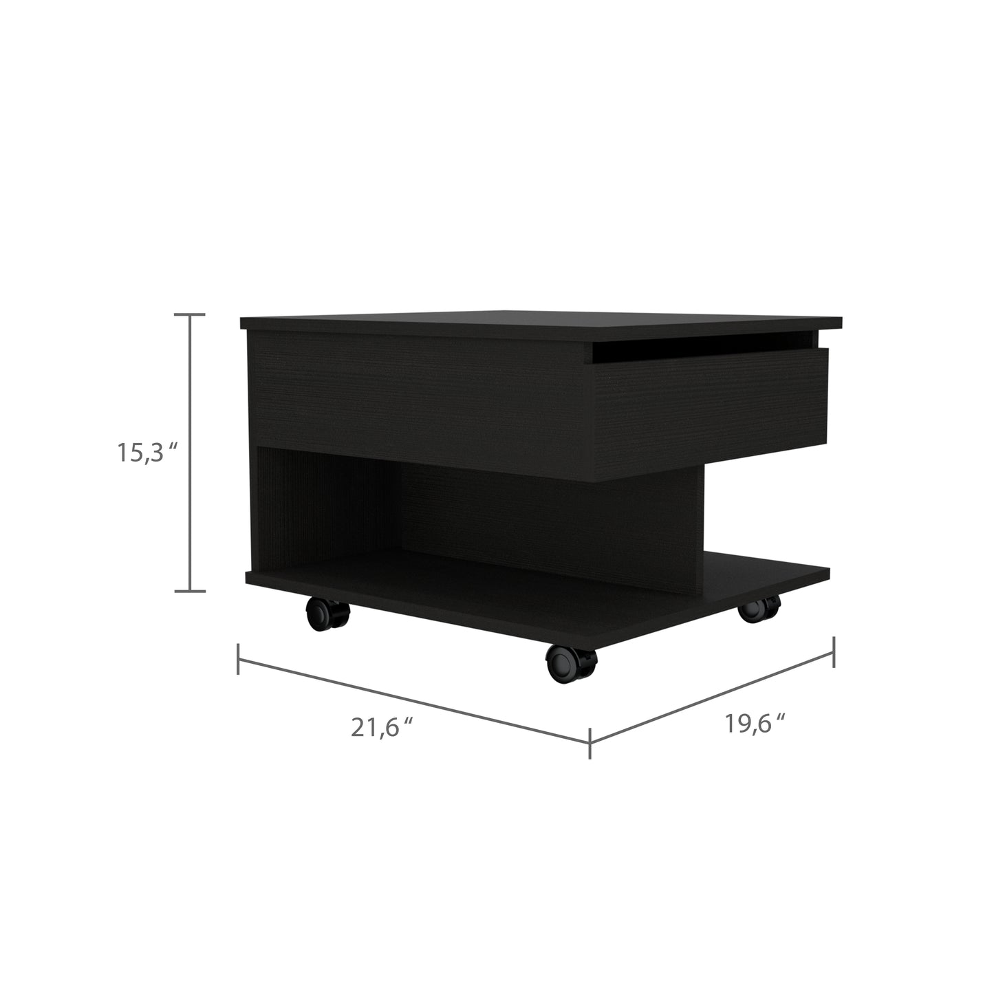 Black modern nightstand with a drawer and open shelf on wheels
