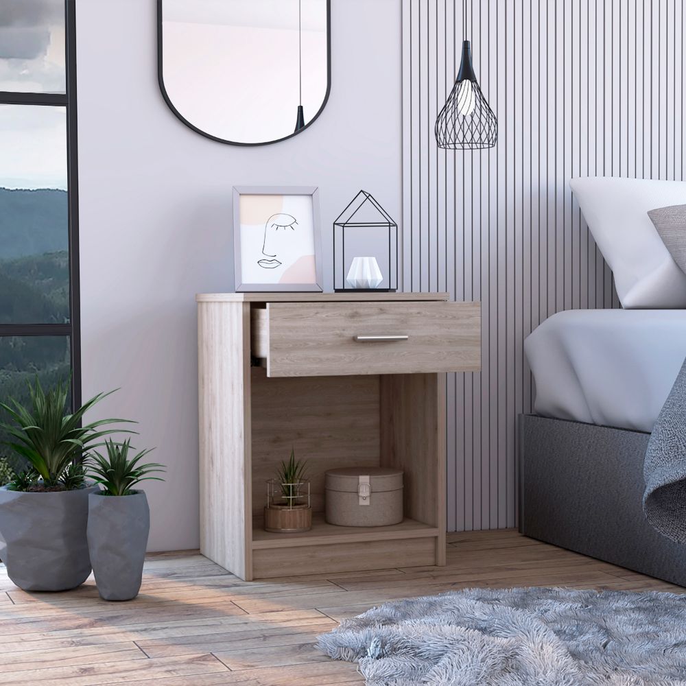 Light oak bedside table with one drawer and open shelf for bedroom storage